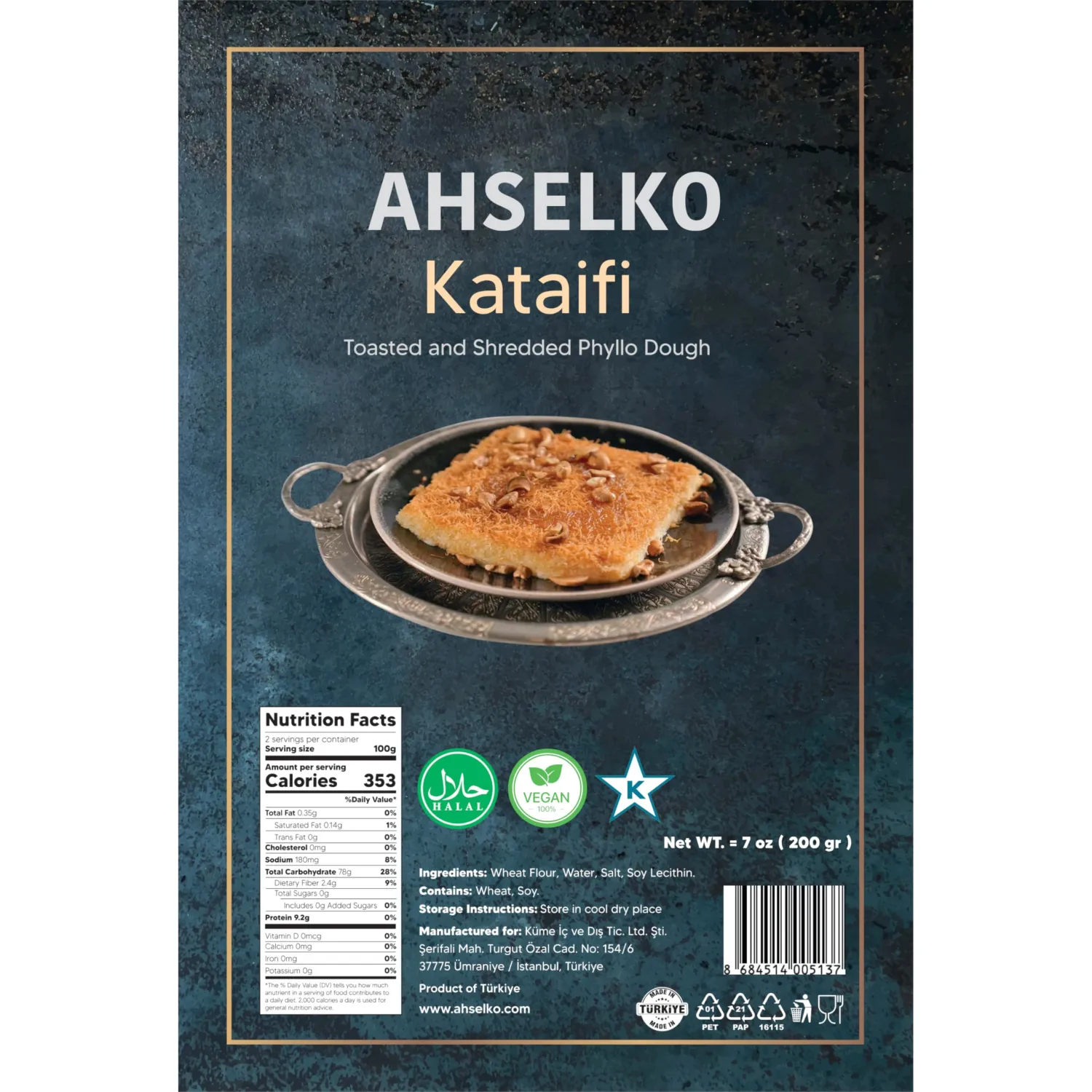 Ahselko Kataifi Shredded Phyllo Dough 200g (7oz) – Toasted Kadayif Pastry Strands for Kunafa, Baklava & Dubai Chocolate Filling – Halal, Kosher, Vegan
