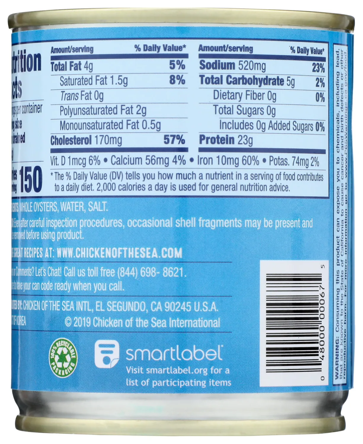 Chicken of the Sea Whole Oysters, Great for Recipes, 8-Ounce Cans (Pack of 1)
