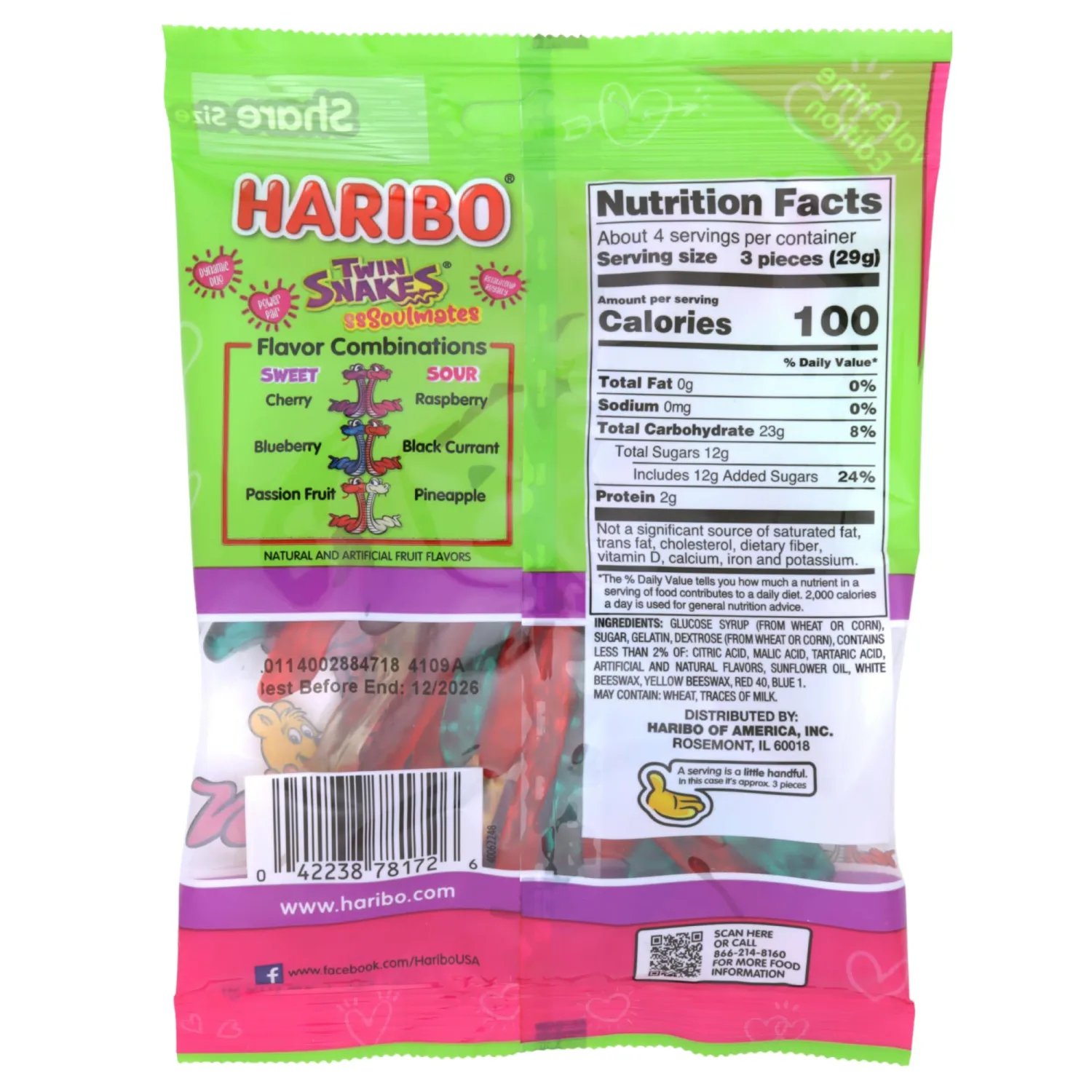 Valentine's Day Haribo Twin Snakes, Sweet and Sour Fruity Gummies, Gift Basket Candy, 4 Ounces (Pack of 2)