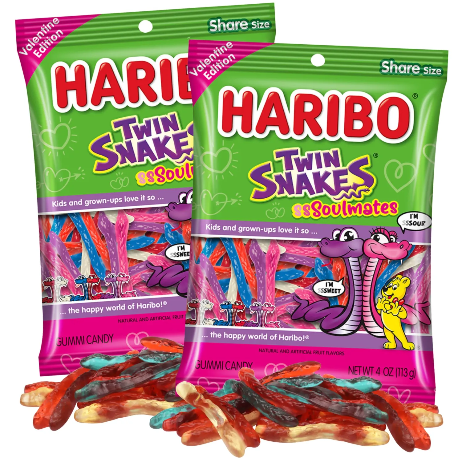 Valentine's Day Haribo Twin Snakes, Sweet and Sour Fruity Gummies, Gift Basket Candy, 4 Ounces (Pack of 2)