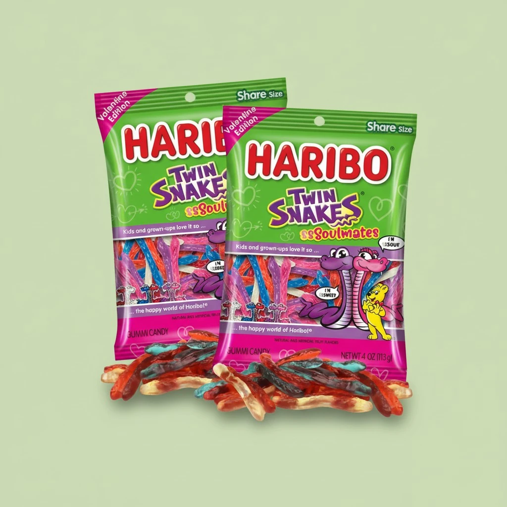 Valentine's Day Haribo Twin Snakes, Sweet and Sour Fruity Gummies, Gift Basket Candy, 4 Ounces (Pack of 2)