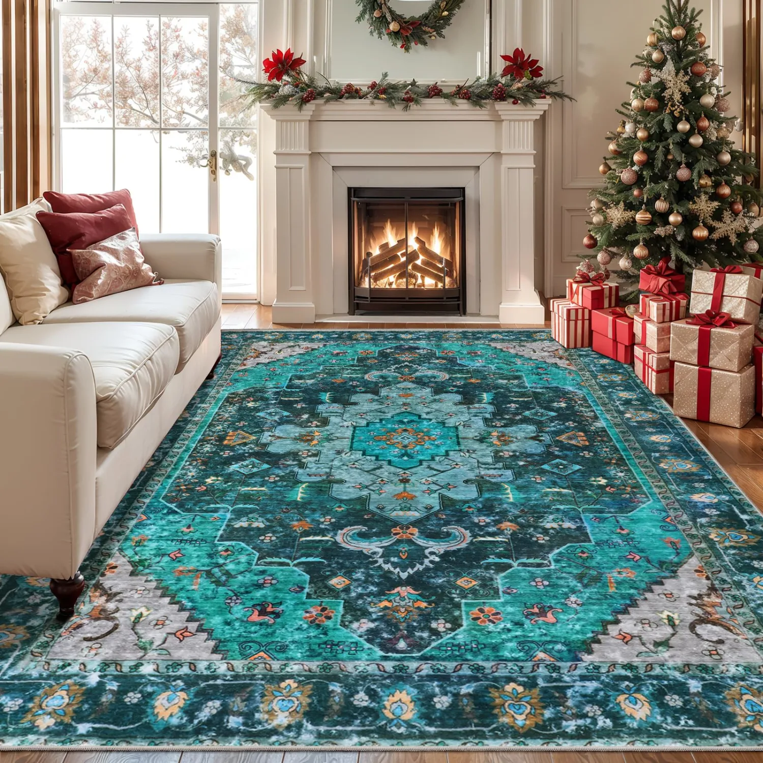 Ciicool Area Rug 5x7ft Washable Rugs for Living Room Non-Slip Indoor Rugs Large Low-Pile Mat Floor Carpet Vintage Rug for Bedroom Dinning Foyer Decor (Teal/Multi)