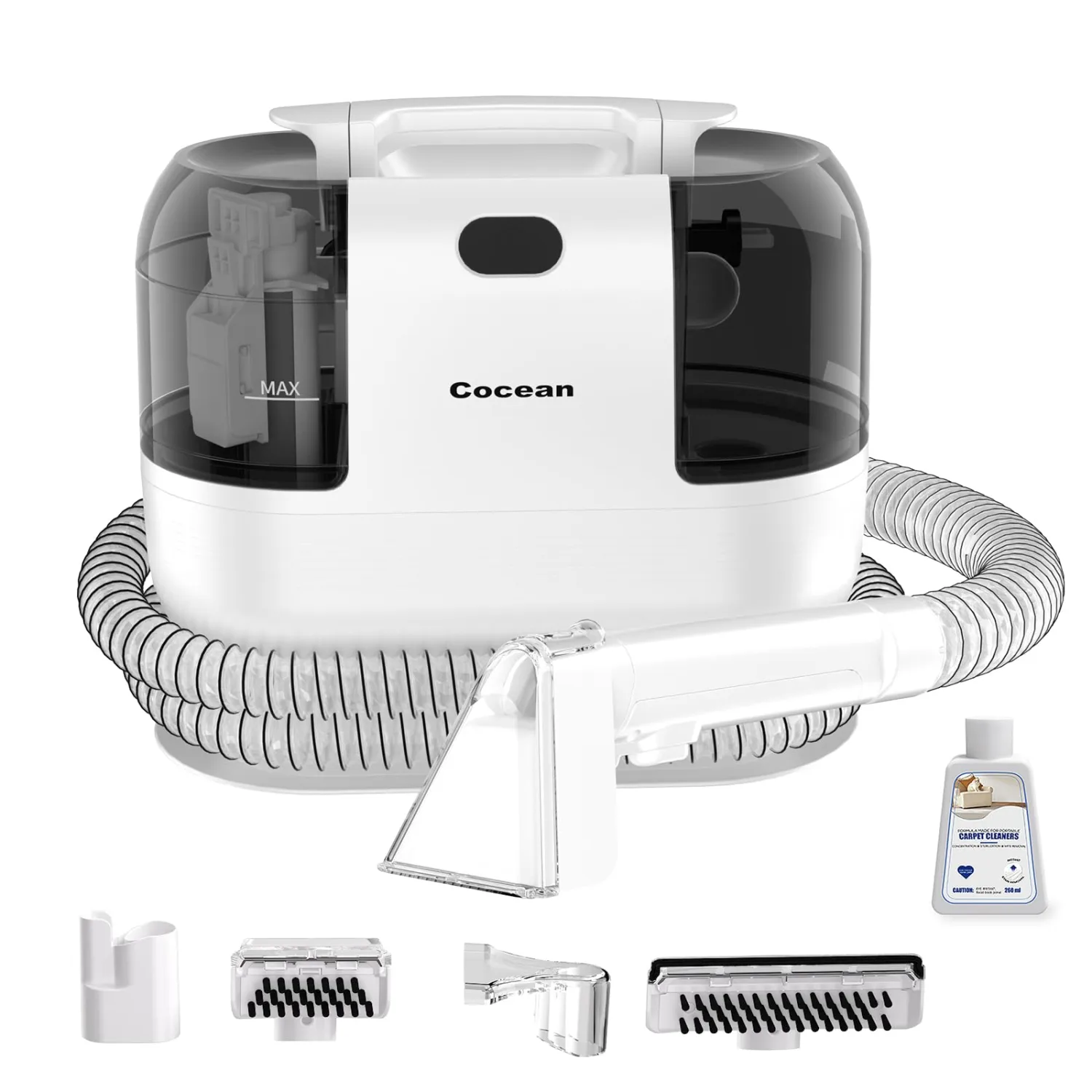 COCEAN Multi-Purpose Portable Upholstery and Carpet & Area Rug Cleaner with Shampooer, Car Interiors Machine Powerful Suction Spot and 260ML Deep Stain Cleaning Shampooer for Pets, 4 Cleaning Tools