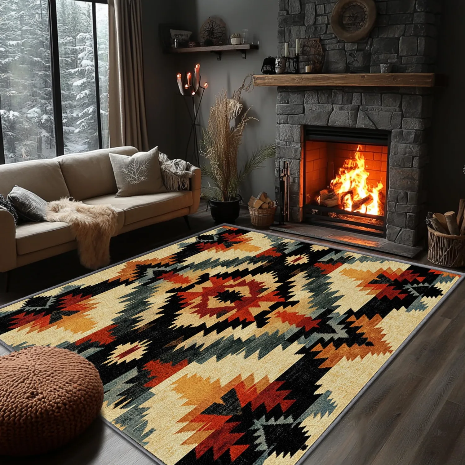 Native American Rug 4x6 - Aztec Rug, 4x5 Rug, Geometric Tribal Southwestern Area Rug, Colorful Ethnic Rustic Carpet, Washable & Non Slip & Soft Large Rugs, Aztec Home Decor