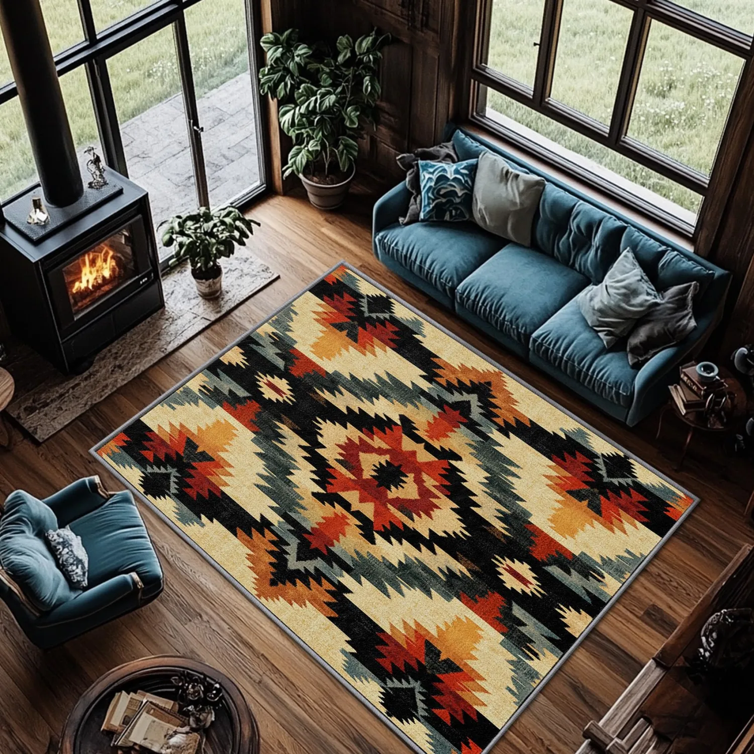 Native American Rug 4x6 - Aztec Rug, 4x5 Rug, Geometric Tribal Southwestern Area Rug, Colorful Ethnic Rustic Carpet, Washable & Non Slip & Soft Large Rugs, Aztec Home Decor