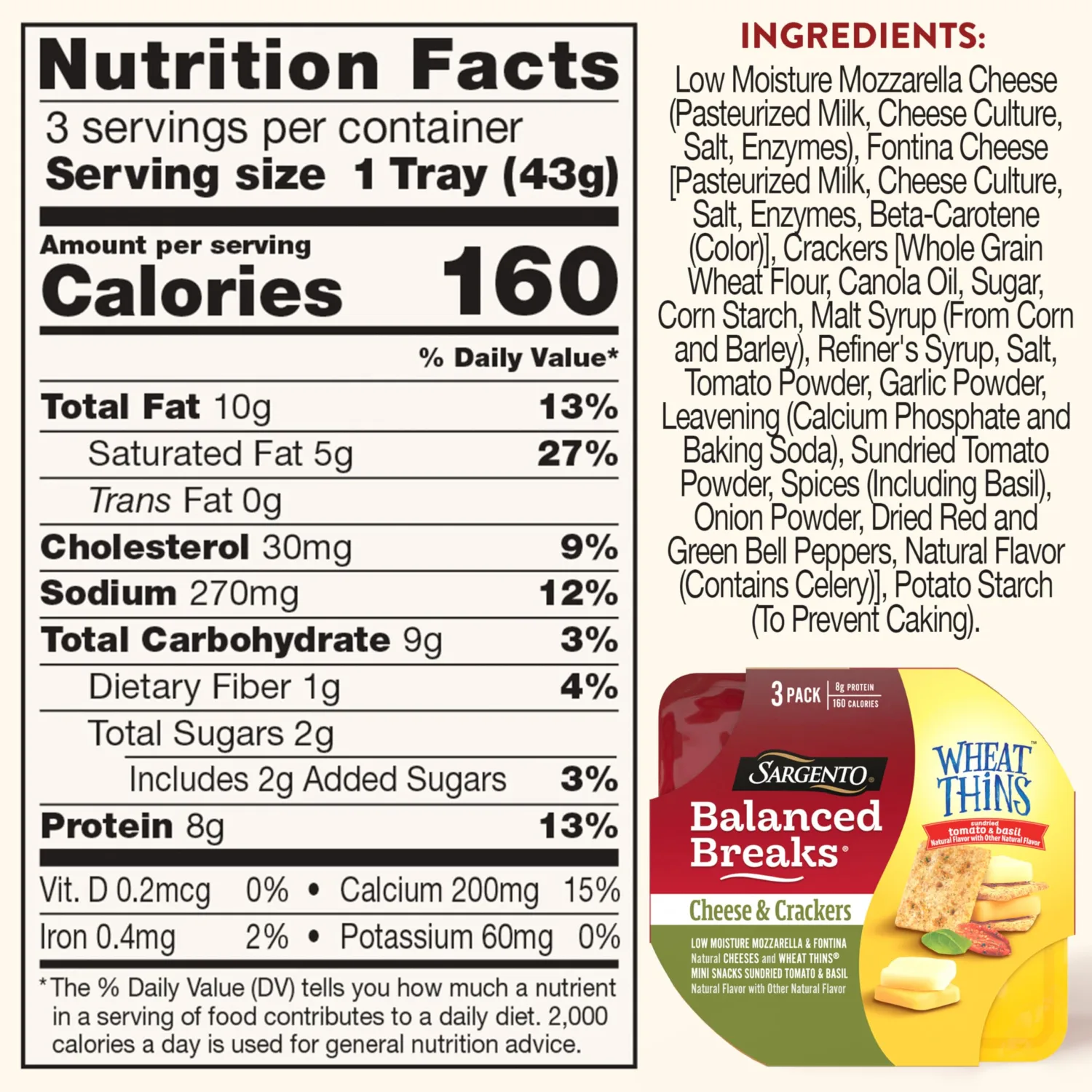 Sargento Balanced Breaks Cheese & Crackers, Natural Low Moisture Mozzarella & Fontina Cheese and WHEAT THINS Mini Snacks Sundried Tomato & Basil Natural Flavor With Other Natural Flavor Snack Kit, 3-Pack