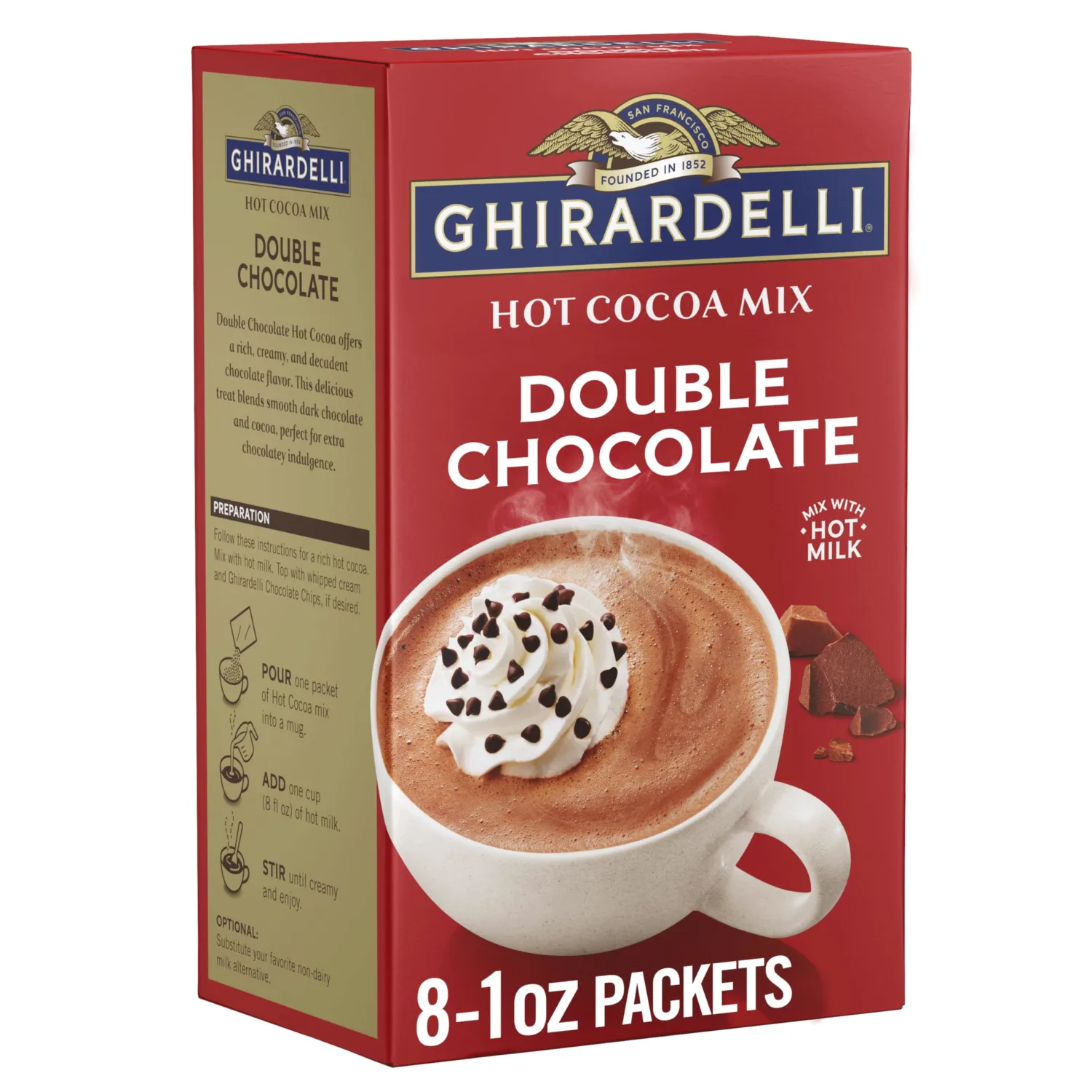 GHIRARDELLI Double Chocolate Hot Cocoa Mix, 8 Single-Serve Packets Rich and Decadent Hot Cocoa Made with Premium Chocolate