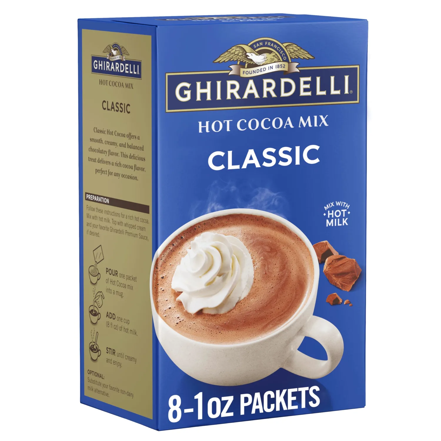 GHIRARDELLI Classic Hot Cocoa Mix – Rich and Creamy Premium Hot Chocolate Made with Premium Cocoa, 8 Single-Serve 1 oz Packets