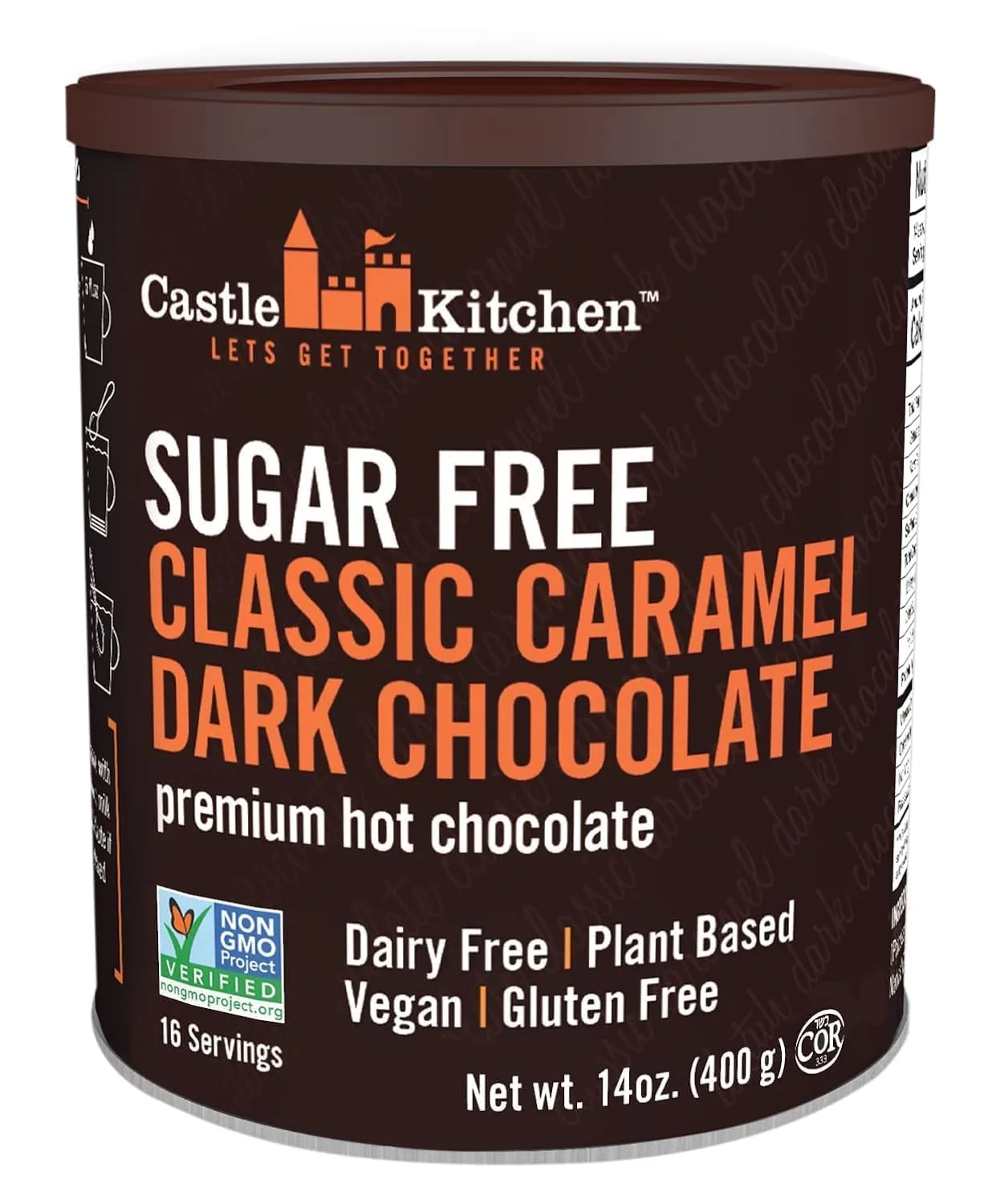 Castle Kitchen Sugar Free Caramel Dark Hot Chocolate - Premium Plant Based, Dairy Free, Gluten-Free, Vegan Hot Coca Mix - Just Add Water - 14 oz Can