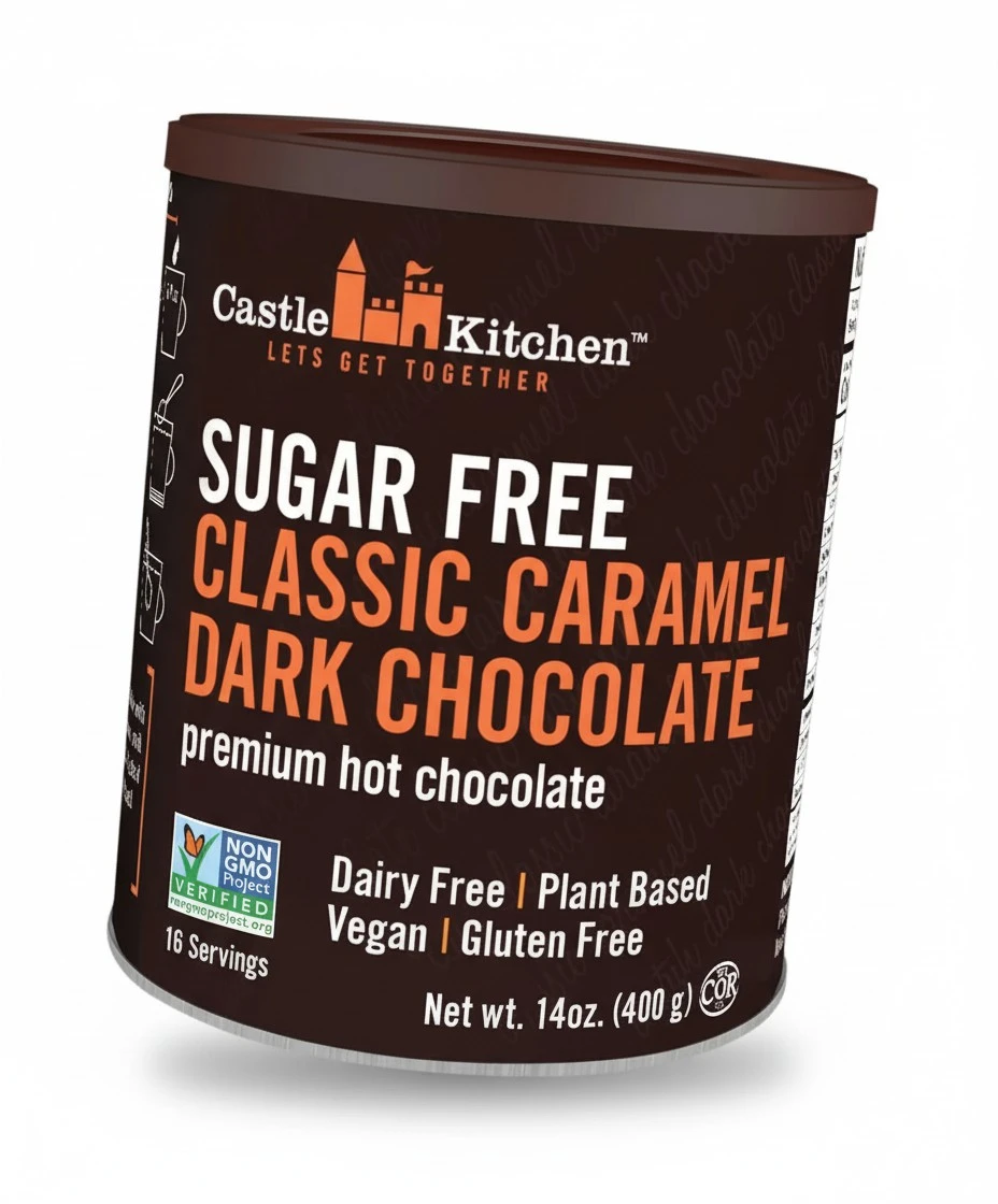 Castle Kitchen Sugar Free Caramel Dark Hot Chocolate - Premium Plant Based, Dairy Free, Gluten-Free, Vegan Hot Coca Mix - Just Add Water - 14 oz Can