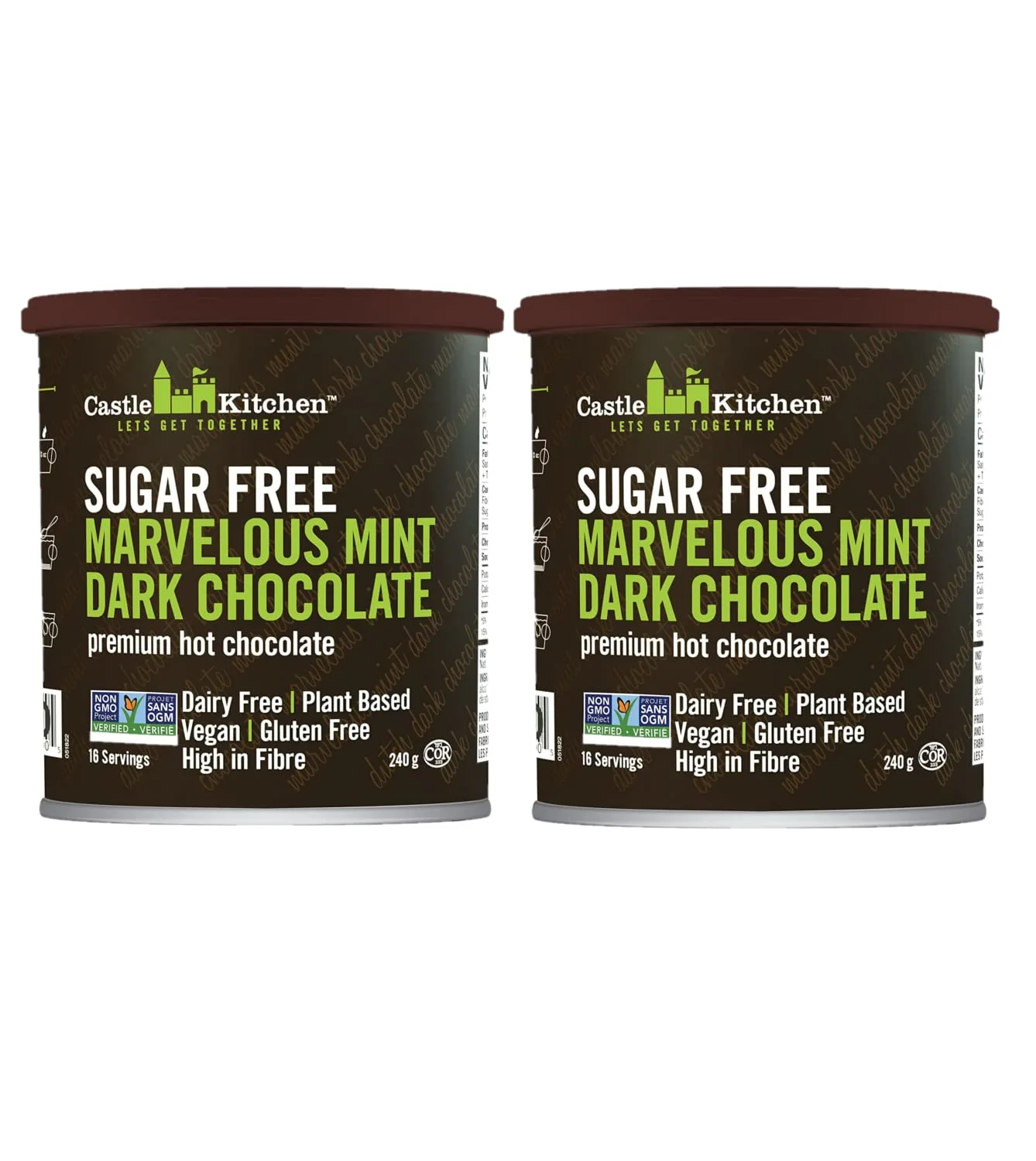 Castle Kitchen Sugar Free Mint Dark Hot Chocolate (2 Pack) Premium Plant Based, Dairy Free, Gluten-Free, Vegan Hot Coca Mix - Just Add Water - 14 oz Can