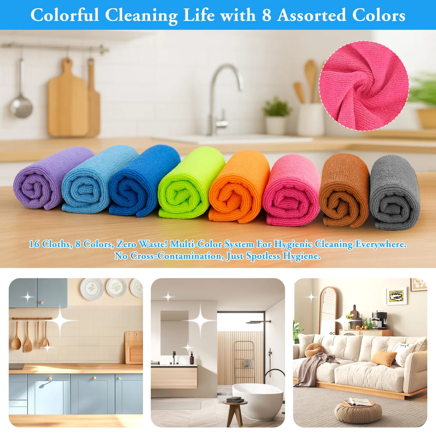 Microfiber Cleaning Cloths 16 Pack 8 Color Cleaning Rags for Housekeeping Home Kitchen Bathroom Car,11.5"X11.5" Soft Lint Free Wet and Dry Use Dusting Cleaning Supplies Towels