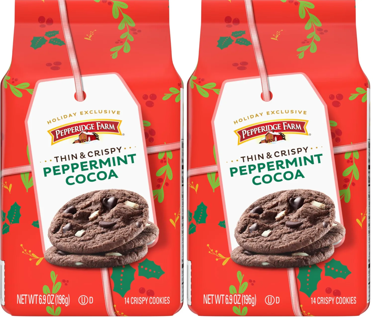 Pepperidge Farm Thin & Crispy Peppermint Cocoa Cookies, 6.9 Oz Bag (Pack of 2)