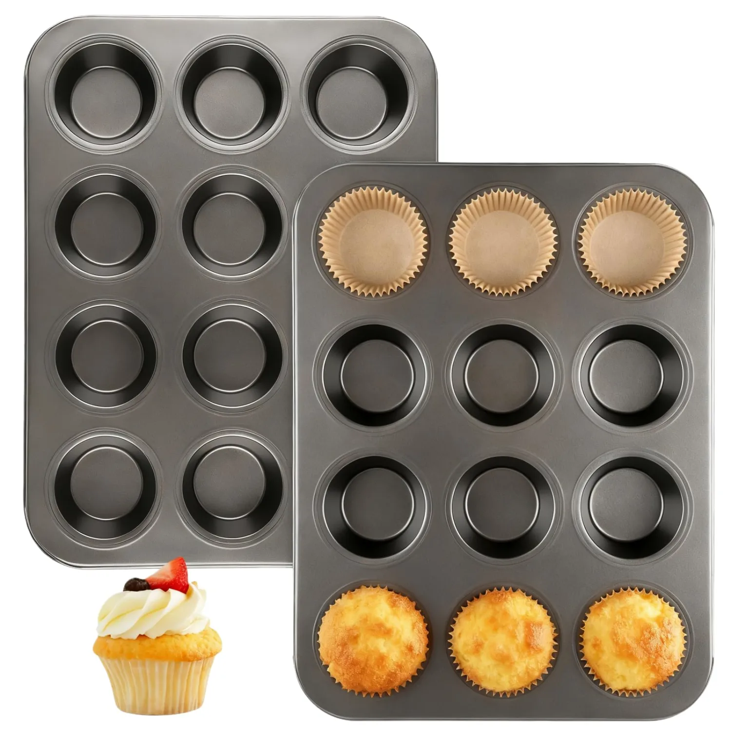 2 Pack Muffin Pan Set,12 Cup Nonstick Carbon Steel Cupcake Pan with 100 Liners,Standard Muffin Tin for Cupcakes and Baking Supplies