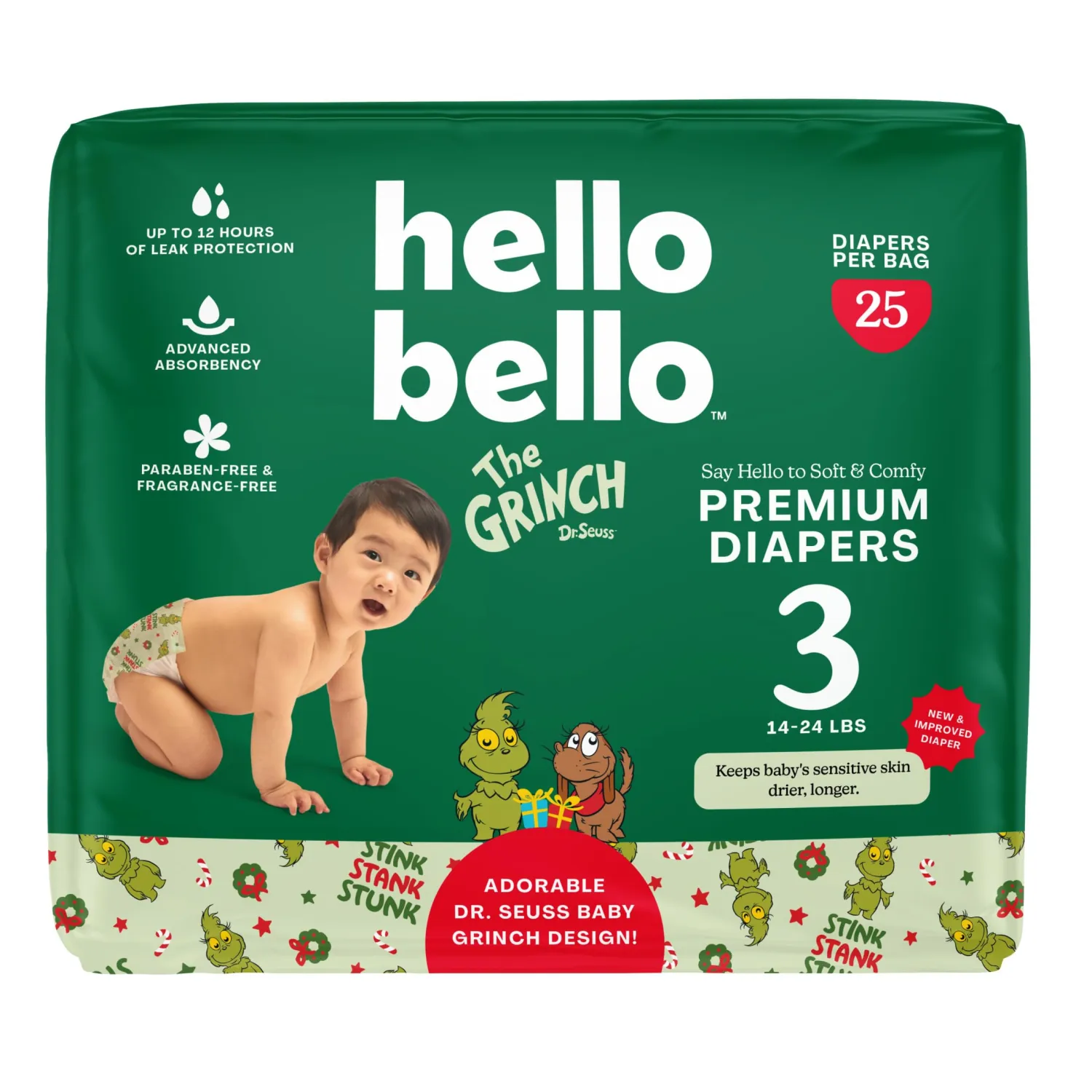 Hello Bello Diapers, Size 3 (14-24 lbs) Dr. Seuss Baby Grinch - 25 Count of Premium Disposable Baby Diapers, Hypoallergenic with Soft, Cloth-Like Feel