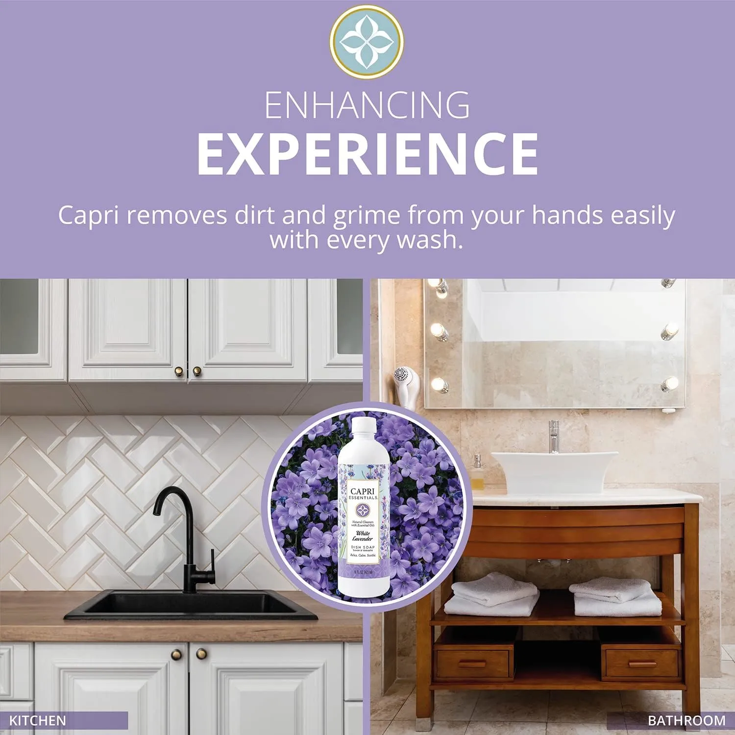 CAPRI ESSENTIALS Dish Soap Liquid, Natural Household Cleaning, Plant Based Aromatic Dish Detergent, Blend of Essential Oils with Juniper & Chamomile, White Lavender, 16 FL Oz (2 Pack)