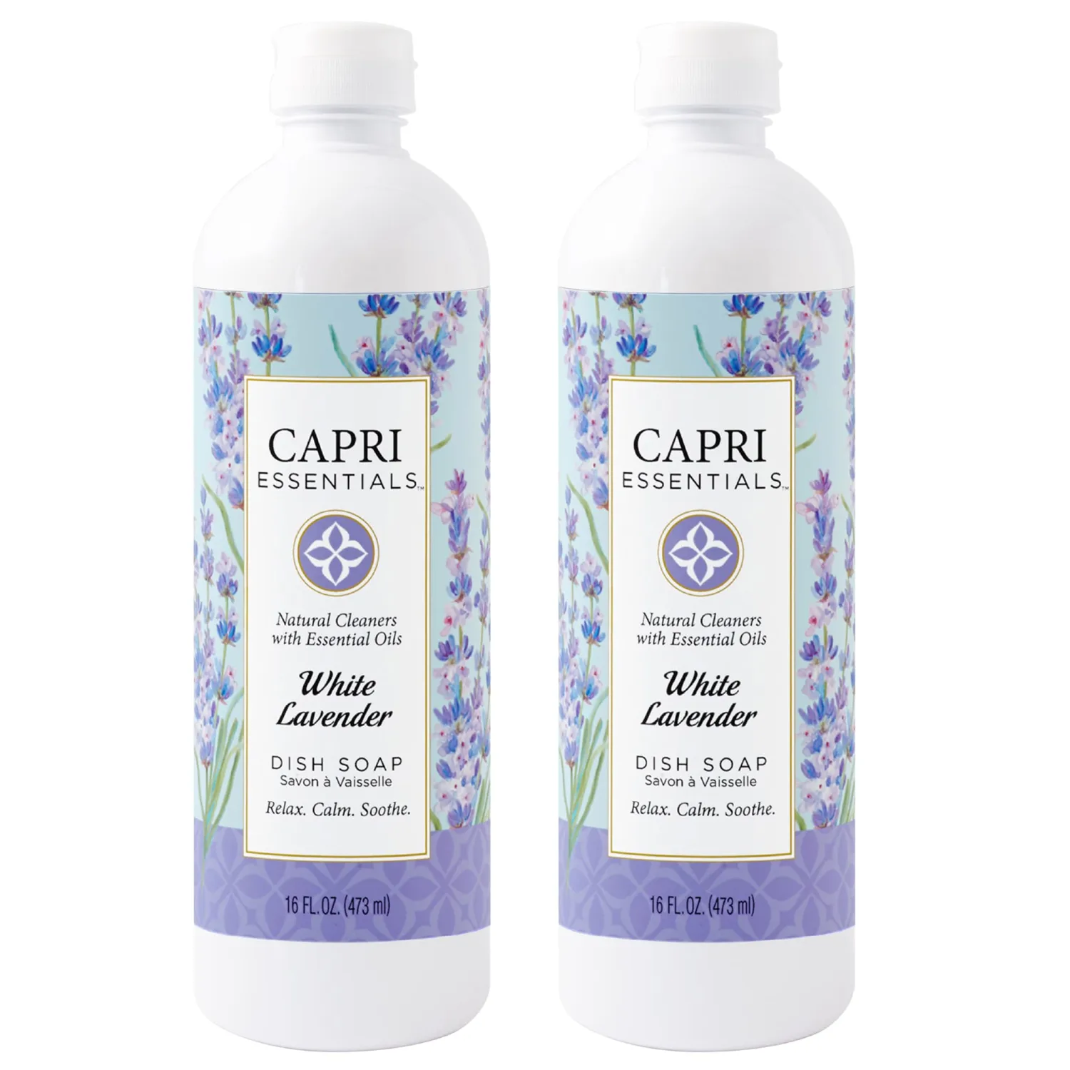 CAPRI ESSENTIALS Dish Soap Liquid, Natural Household Cleaning, Plant Based Aromatic Dish Detergent, Blend of Essential Oils with Juniper & Chamomile, White Lavender, 16 FL Oz (2 Pack)