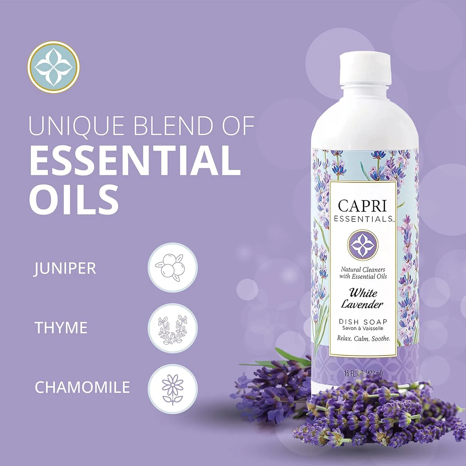 CAPRI ESSENTIALS Dish Soap Liquid, Natural Household Cleaning, Plant Based Aromatic Dish Detergent, Blend of Essential Oils with Juniper & Chamomile, White Lavender, 16 FL Oz (2 Pack)