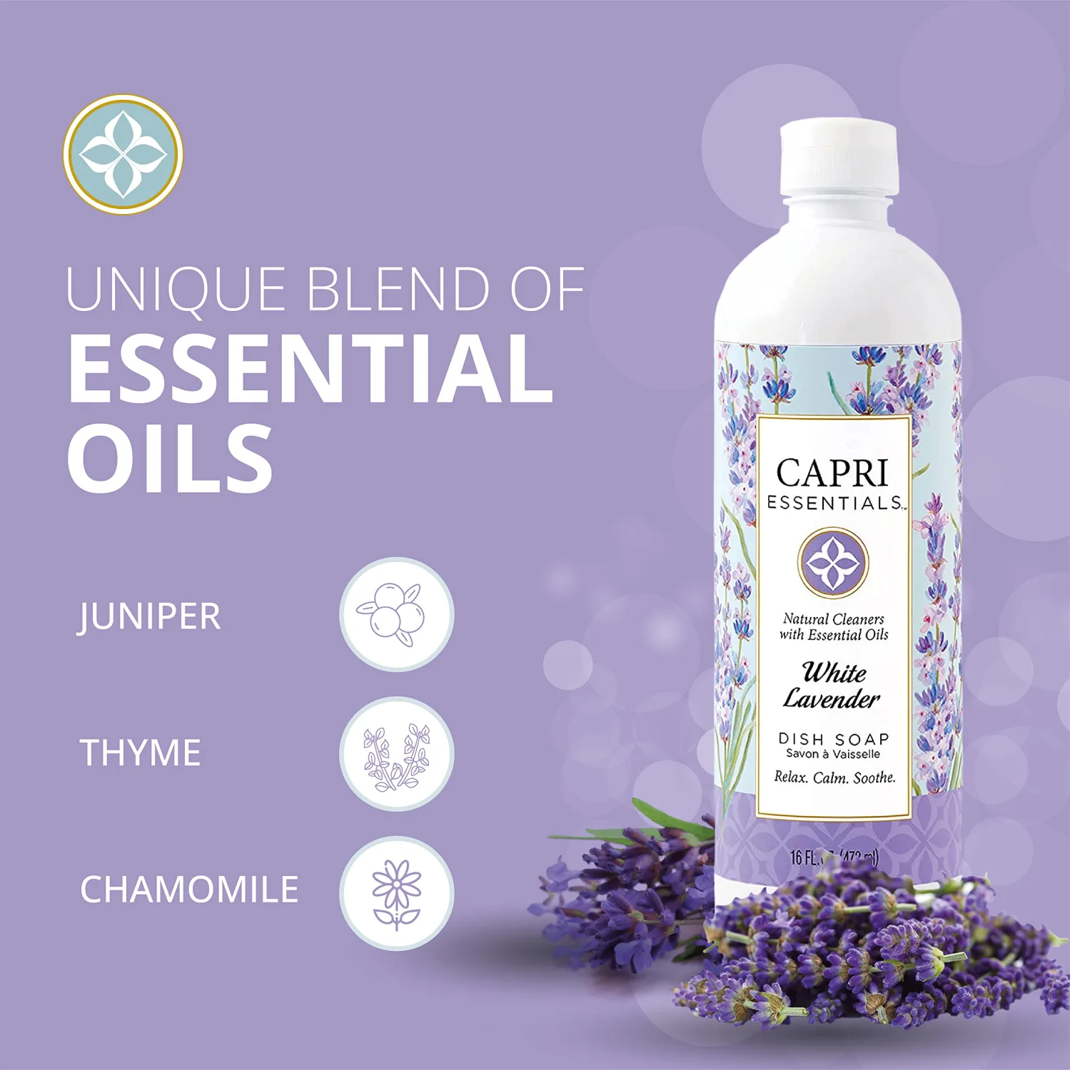 CAPRI ESSENTIALS Dish Soap Liquid, Natural Household Cleaning Supplies, Plant Based Aromatic Dish Detergent, Blend of Essential Oils with Juniper & Chamomile, White Lavender, 16 FL Oz