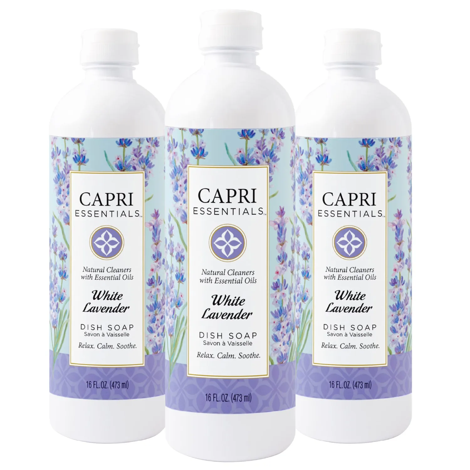 CAPRI ESSENTIALS Dish Soap Liquid, Natural Household Cleaning, Plant Based Aromatic Dish Detergent, Blend of Essential Oils with Juniper & Chamomile, White Lavender, 16 FL OZ (3 Pack)