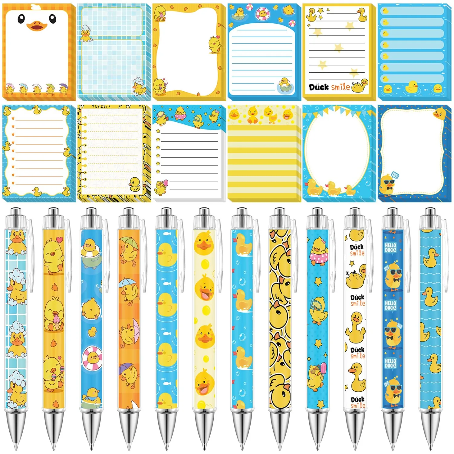 24 Pcs Duck Sticky Notes with Pens Themed Party Favors Gifts Cute Notepad Memo Notes Pads Black Ink Ballpoint Pen for Duck Lover Christmas Gifts Office Supplies