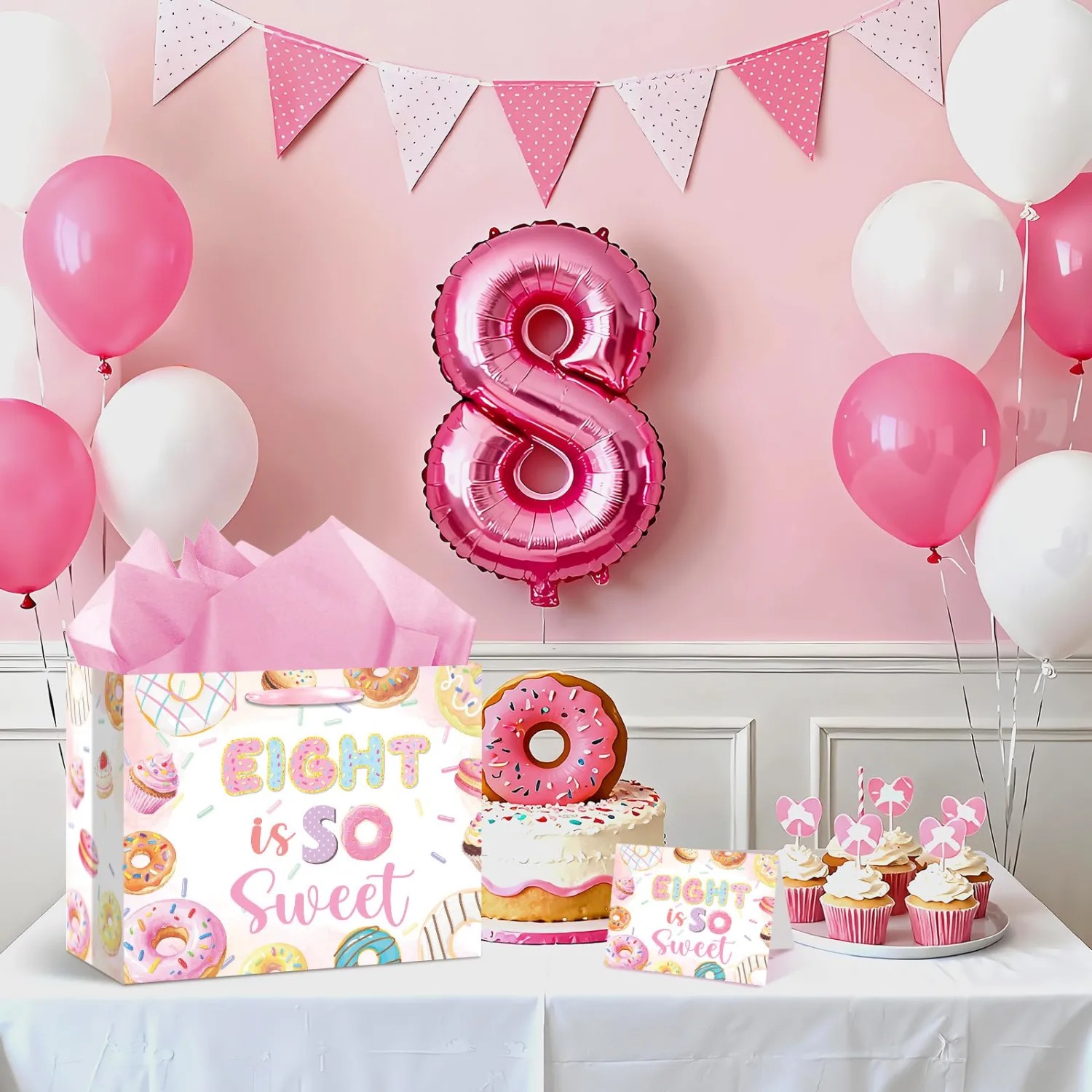 Donut 8th Birthday Gift Bags with Card and Tissue Paper Sweet Sassy and Eight Donut Ice Cream Gifts Bags with Handles-Big Wrapping Paper For 8th Donut Themed Party Decor Sweet Eight Party Supplies