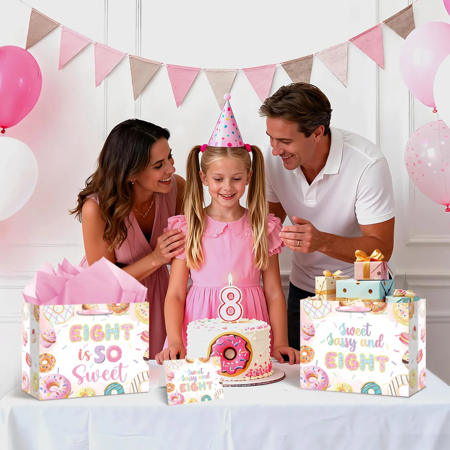 Donut 8th Birthday Gift Bags with Card and Tissue Paper Sweet Sassy and Eight Donut Ice Cream Gifts Bags with Handles-Big Wrapping Paper For 8th Donut Themed Party Decor Sweet Eight Party Supplies