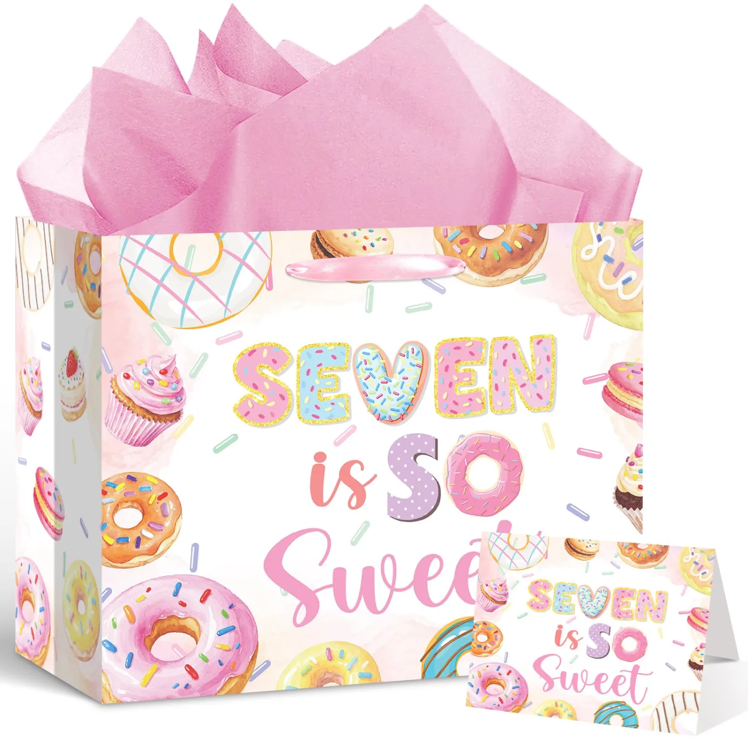 Donut 7th Birthday Gift Bags with Card and Tissue Paper Sweet Sassy and Seven Donut Ice Cream Gifts Bags with Handles-Big Wrapping Paper For 7th Donut Themed Party Decor Sweet Seven Party Supplies