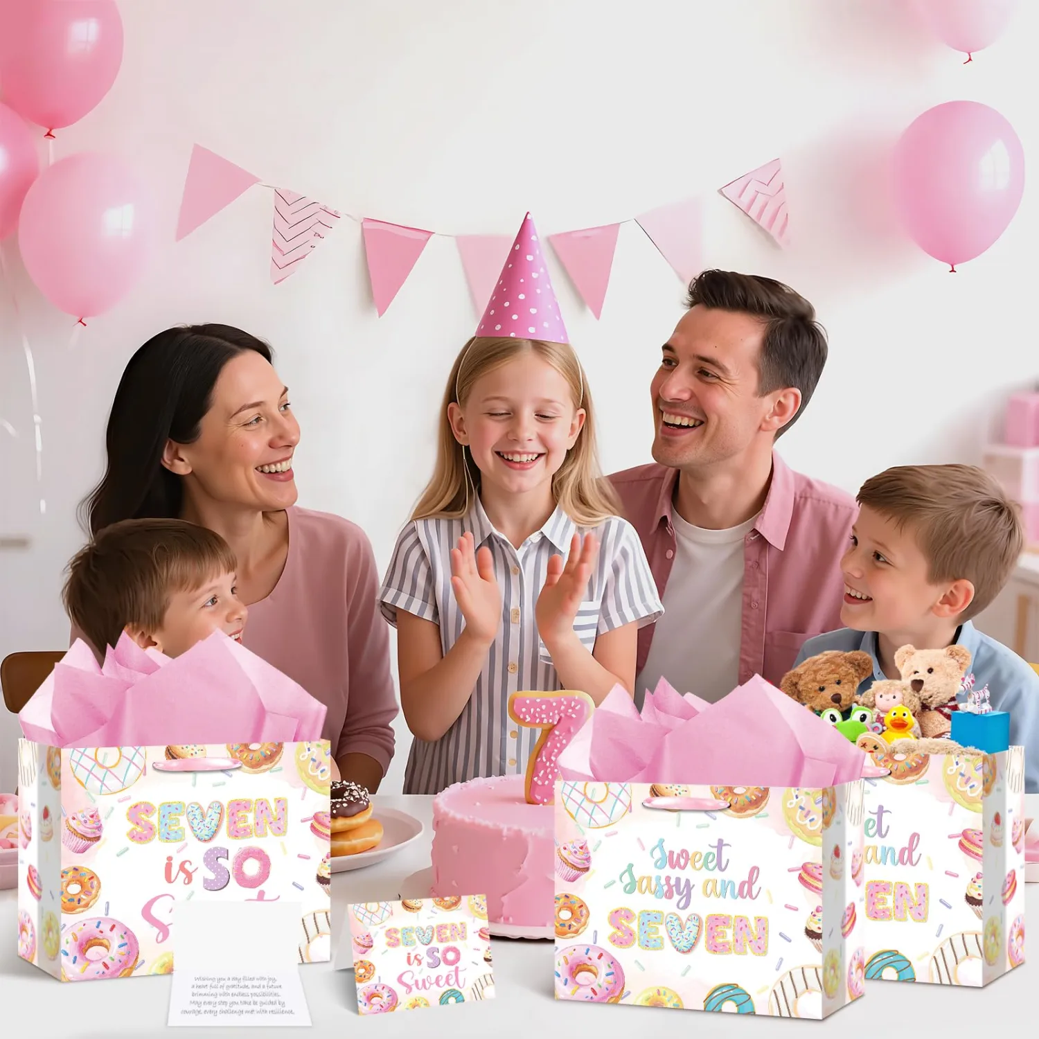 Donut 7th Birthday Gift Bags with Card and Tissue Paper Sweet Sassy and Seven Donut Ice Cream Gifts Bags with Handles-Big Wrapping Paper For 7th Donut Themed Party Decor Sweet Seven Party Supplies