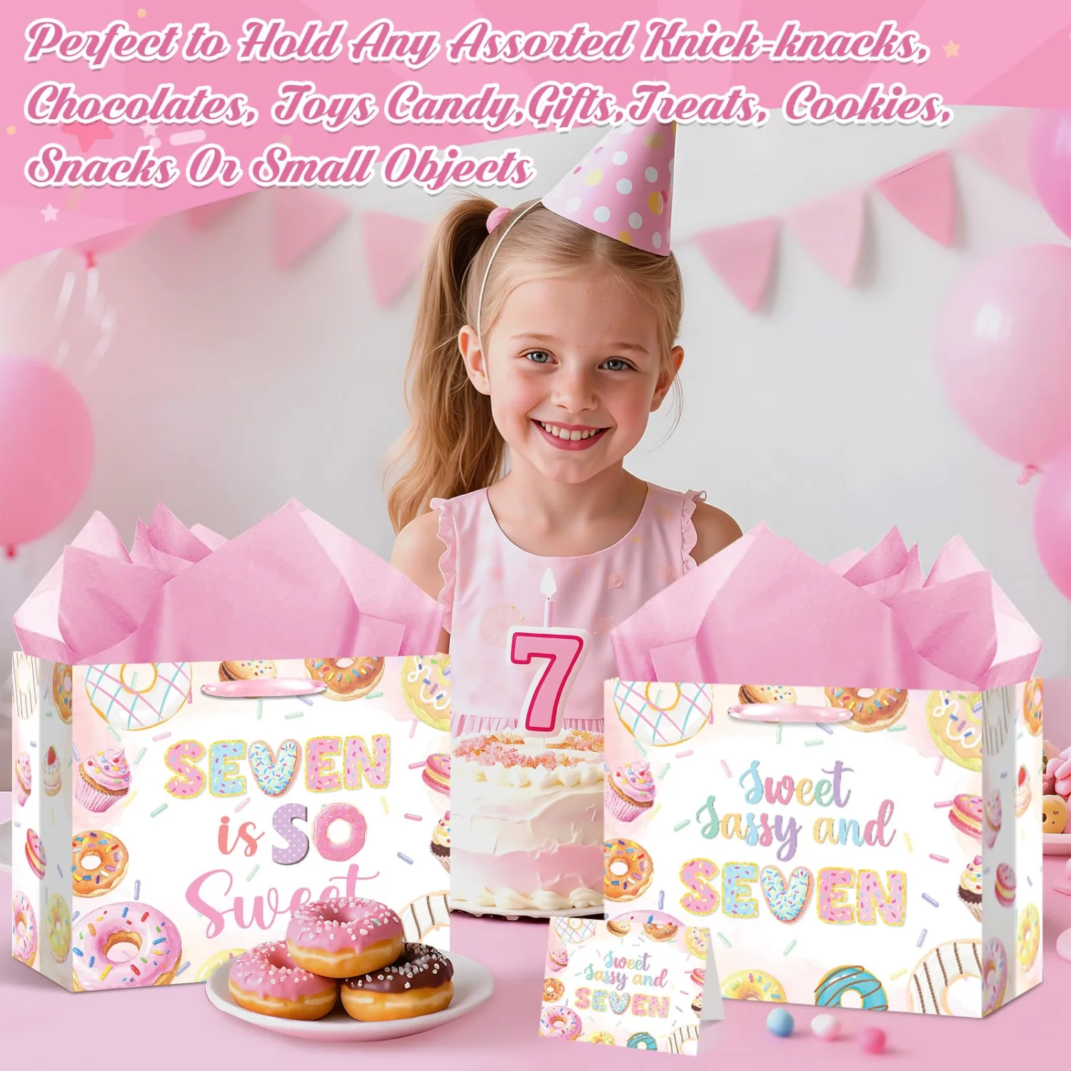 Donut 7th Birthday Gift Bags with Card and Tissue Paper Sweet Sassy and Seven Donut Ice Cream Gifts Bags with Handles-Big Wrapping Paper For 7th Donut Themed Party Decor Sweet Seven Party Supplies