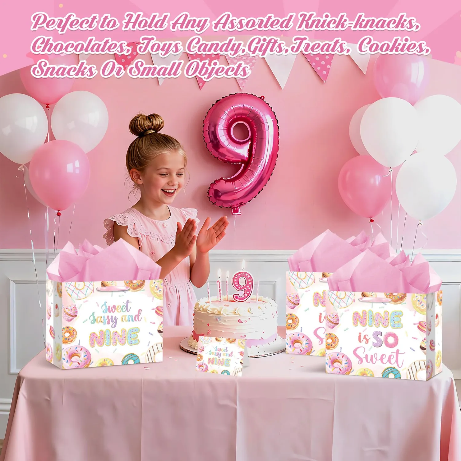 Donut 9th Birthday Gift Bags with Card and Tissue Paper Sweet Sassy and Nine Donut Ice Cream Gifts Bags with Handles-Big Wrapping Paper For 9th Donut Themed Party Decor Sweet Nine Party Supplies
