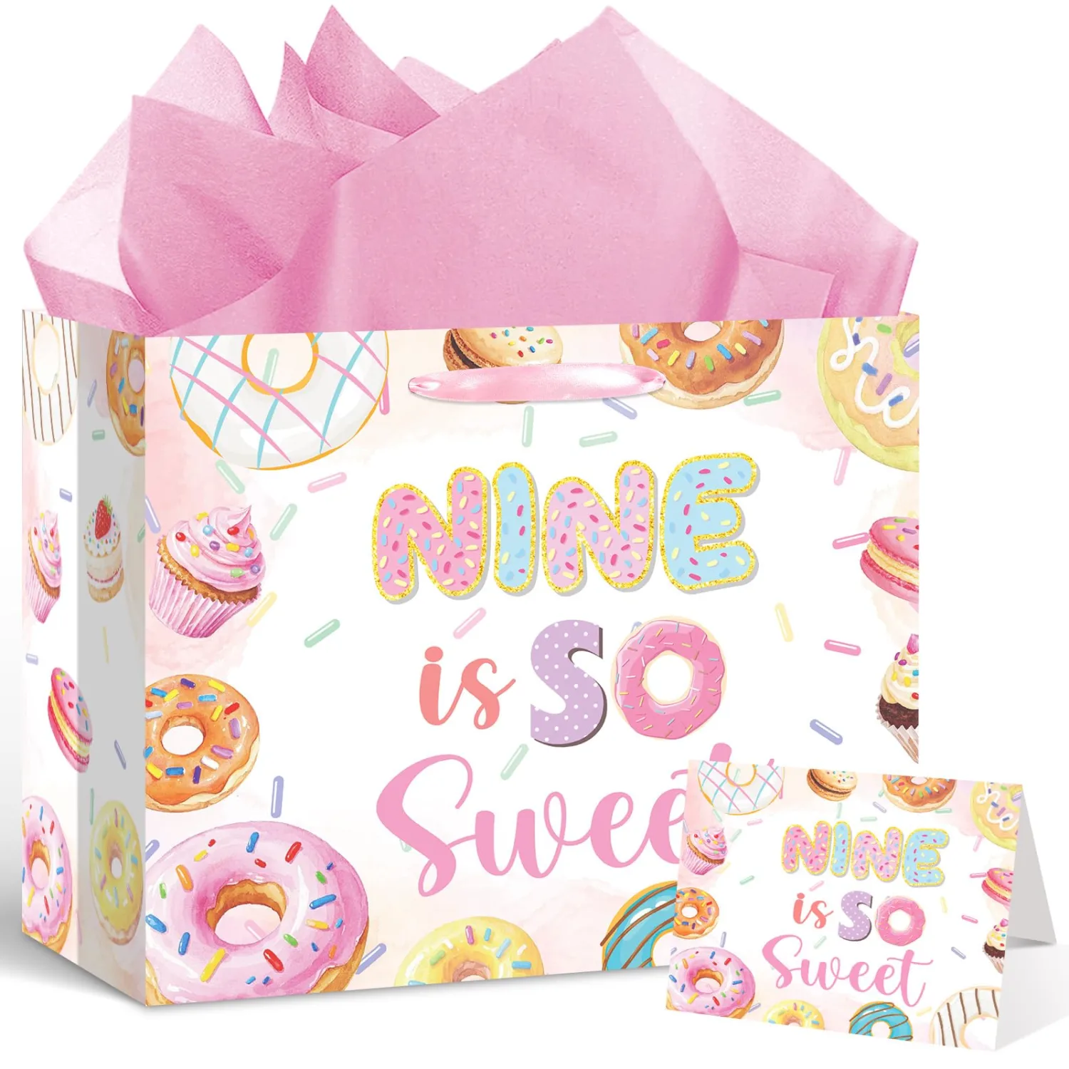 Donut 9th Birthday Gift Bags with Card and Tissue Paper Sweet Sassy and Nine Donut Ice Cream Gifts Bags with Handles-Big Wrapping Paper For 9th Donut Themed Party Decor Sweet Nine Party Supplies