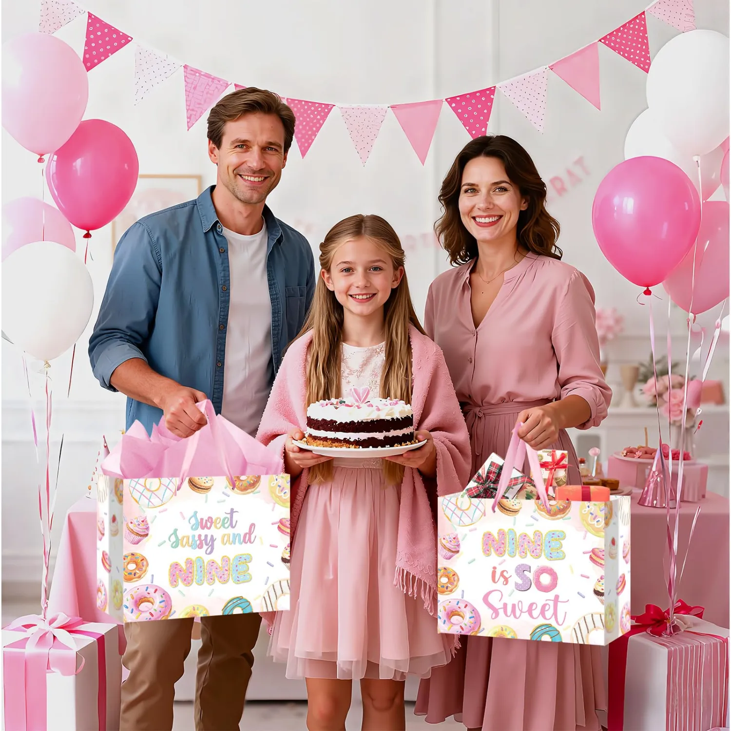 Donut 9th Birthday Gift Bags with Card and Tissue Paper Sweet Sassy and Nine Donut Ice Cream Gifts Bags with Handles-Big Wrapping Paper For 9th Donut Themed Party Decor Sweet Nine Party Supplies