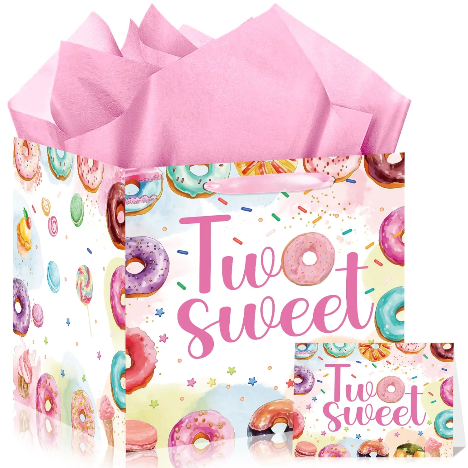 Two Sweet Birthday Gift Bags for Baby Girl with Card and Tissue Paper Large Square Two Sweet Donut Ice Cream Gifts Bags with Handles-Big Wrapping Paper 2nd Birthday Baby Shower Party Supplies (Pink)
