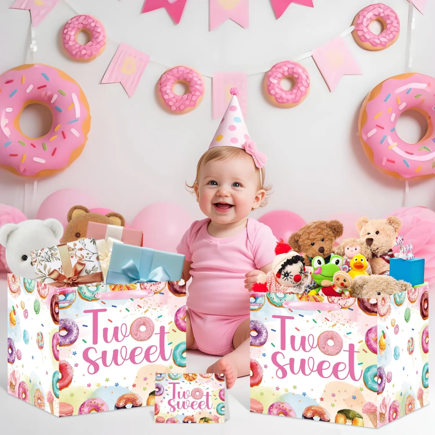 Two Sweet Birthday Gift Bags for Baby Girl with Card and Tissue Paper Large Square Two Sweet Donut Ice Cream Gifts Bags with Handles-Big Wrapping Paper 2nd Birthday Baby Shower Party Supplies (Pink)