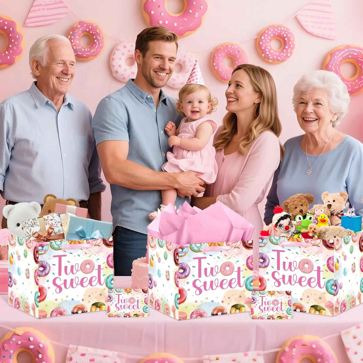 Two Sweet Birthday Gift Bags for Baby Girl with Card and Tissue Paper Large Square Two Sweet Donut Ice Cream Gifts Bags with Handles-Big Wrapping Paper 2nd Birthday Baby Shower Party Supplies (Pink)