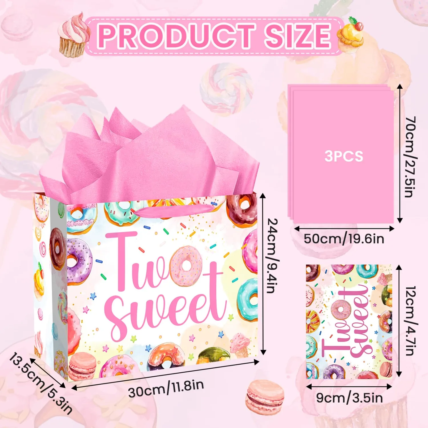 MOORIIY Two Sweet Birthday Gift Bags for Baby Girl with Card and Tissue Paper Two Sweet Donut Ice Cream Gifts Bags with Handles-Big Wrapping Paper 2nd Birthday Baby Shower Party Supplies (Rose Gold)