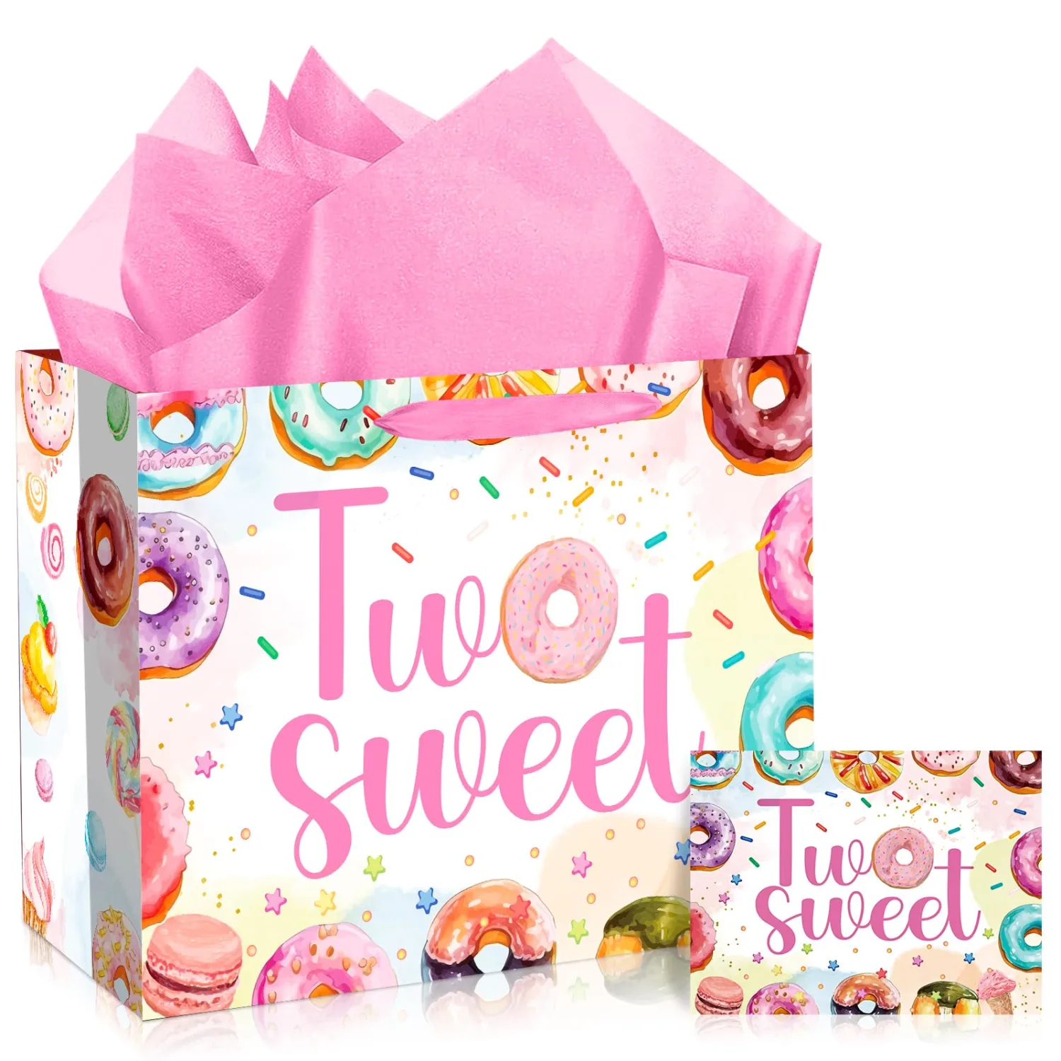 MOORIIY Two Sweet Birthday Gift Bags for Baby Girl with Card and Tissue Paper Two Sweet Donut Ice Cream Gifts Bags with Handles-Big Wrapping Paper 2nd Birthday Baby Shower Party Supplies (Rose Gold)