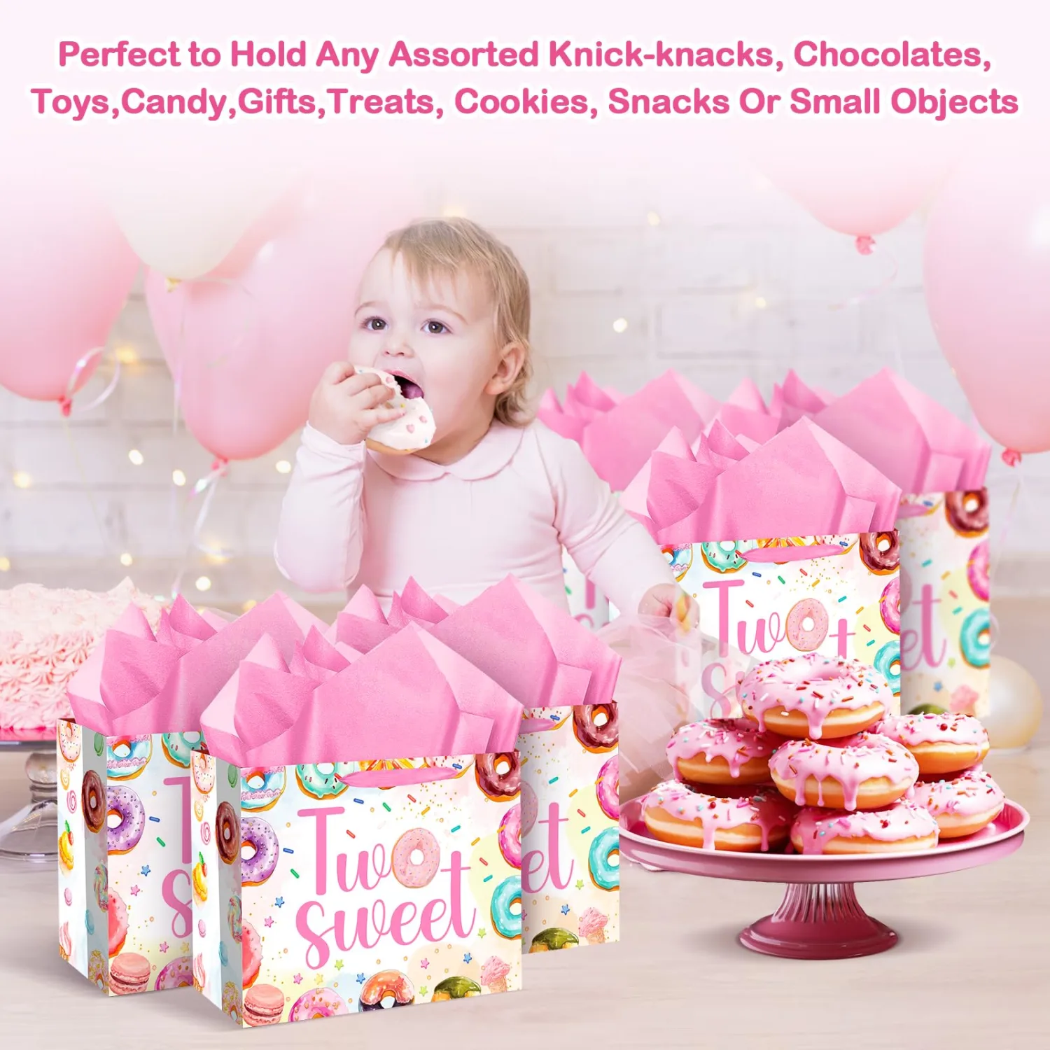 MOORIIY Two Sweet Birthday Gift Bags for Baby Girl with Card and Tissue Paper Two Sweet Donut Ice Cream Gifts Bags with Handles-Big Wrapping Paper 2nd Birthday Baby Shower Party Supplies (Rose Gold)