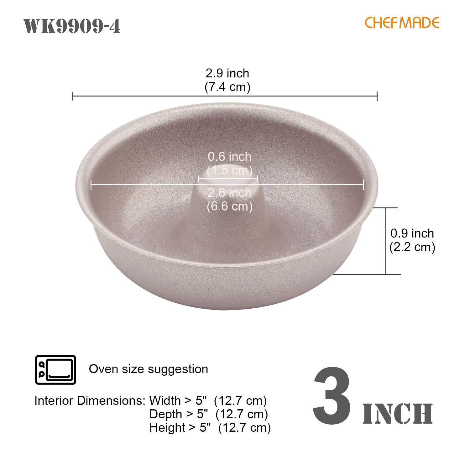 CHEFMADE Mini Donut Cake Pan Set, 3-Inch 4Pcs Non-Stick Ring Doughnut Bakeware for Oven and Instant Pot Baking (Champagne Gold)