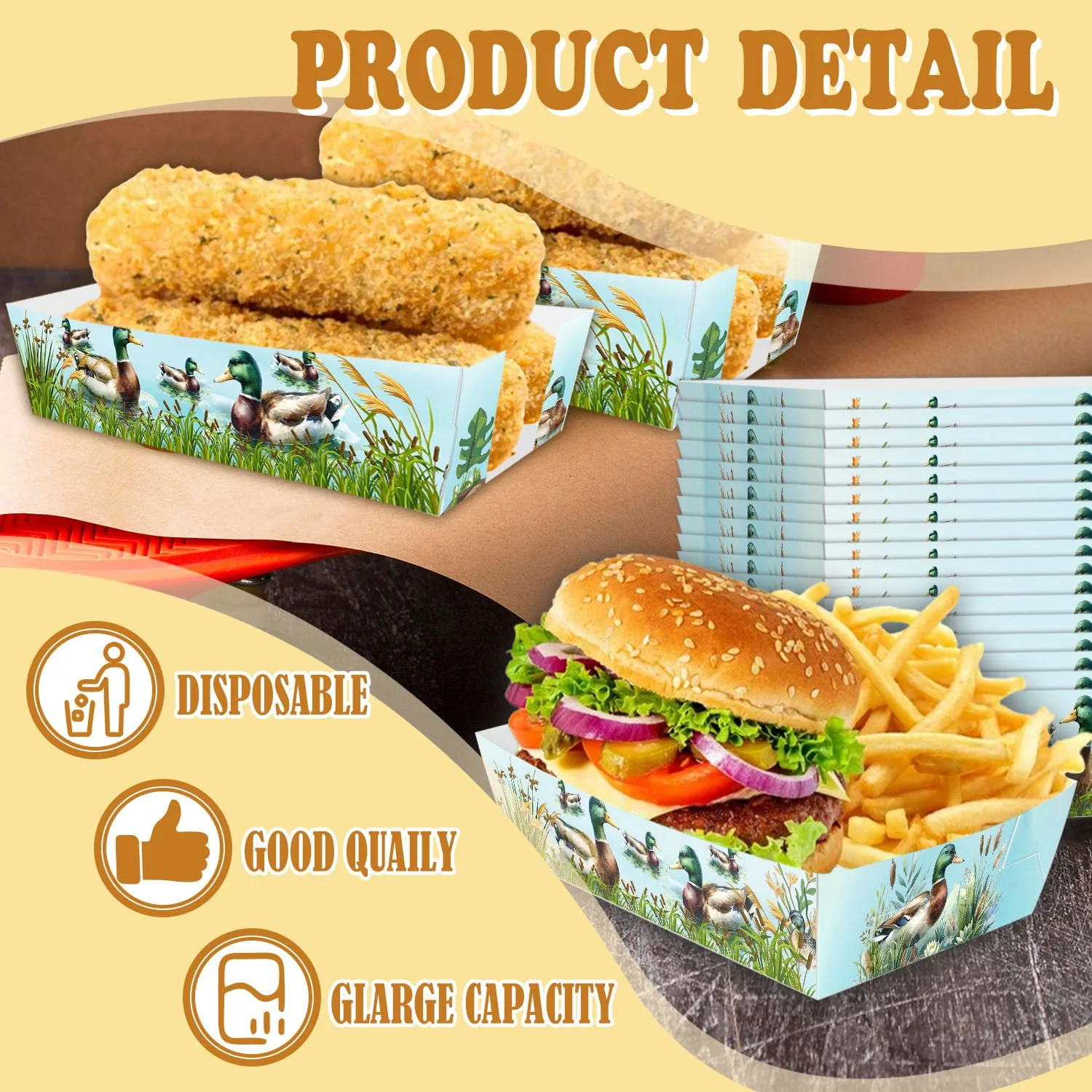 50 Pcs Mallard Duck Baby Shower Decorations, Duck Themed Birthday Party Supplies Serves 50 Guests, Disposable Waterproof Food Bowl Tray, Hot Dog Tray