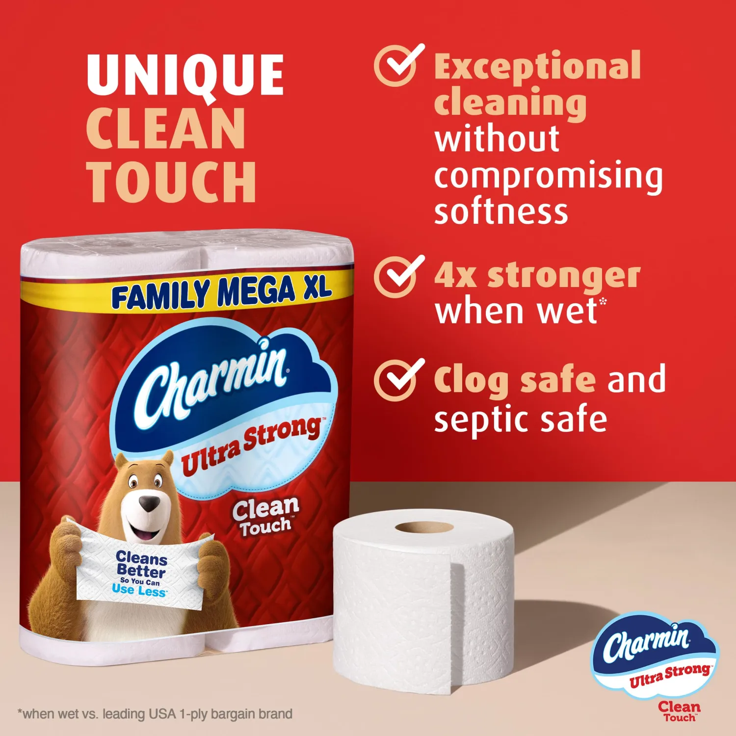 Charmin Ultra Strong Clean Touch Toilet Paper, 6 Family Mega XL Rolls = 42 Regular Rolls