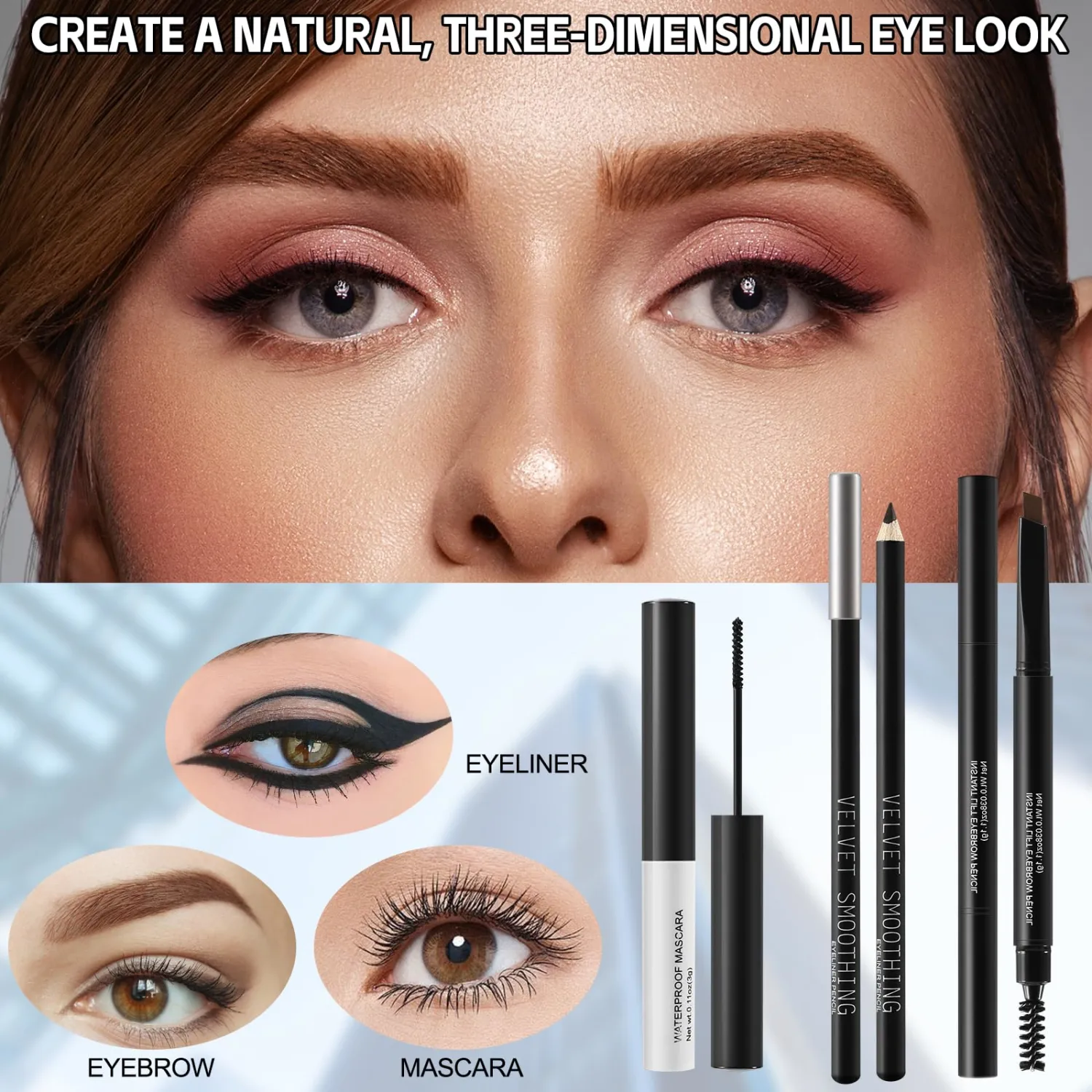 All In On Makeup Eye Set Cosmetics Kit for Teens and Adults, Includes Eyeshadow, Make Up Brushes, Mascara, Eyebrow Pencil, Eyeliner