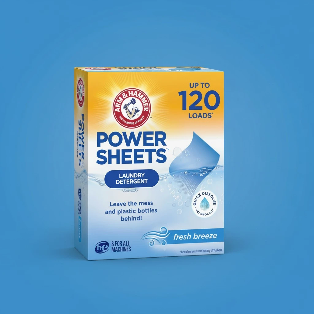 ARM & HAMMER Power Sheets Laundry Detergent, Fresh Breeze Scent, Dissolves in All Wash Temps, Lightweight and Travel-Ready, 60ct, Up to 120 Small Loads