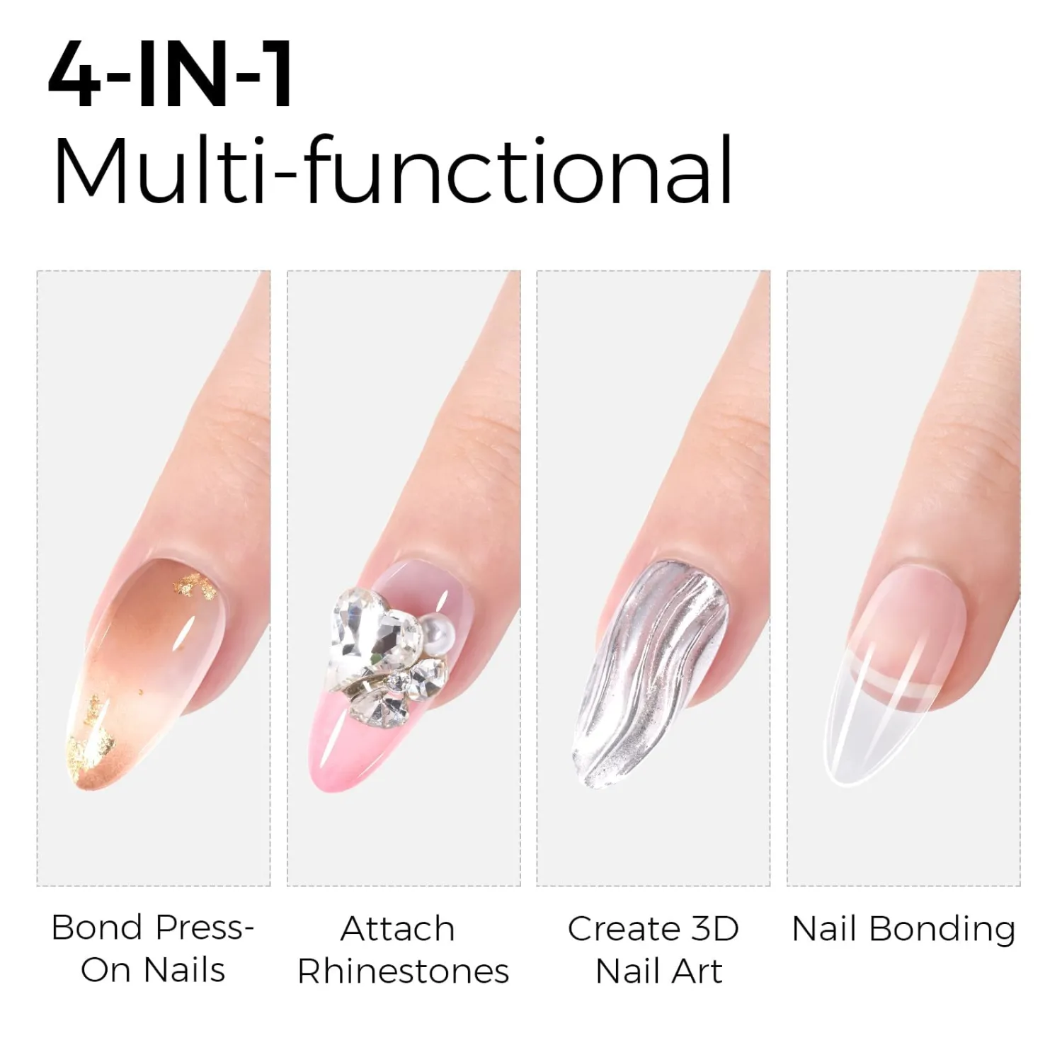 TOMICCA 4 in 1 Nail Glue for Press Ons 30g Gel Nail Glue Strong for Acrylic Nails Lamp Curing Needed UV