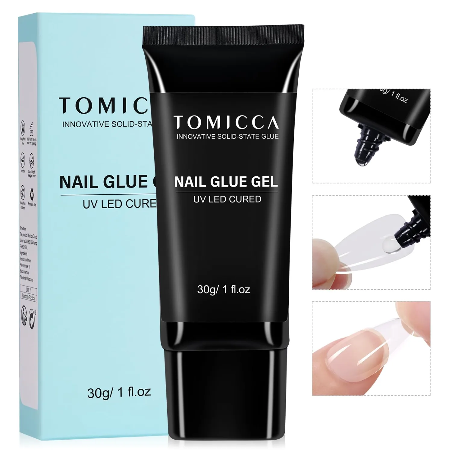 TOMICCA 4 in 1 Nail Glue for Press Ons 30g Gel Nail Glue Strong for Acrylic Nails Lamp Curing Needed UV