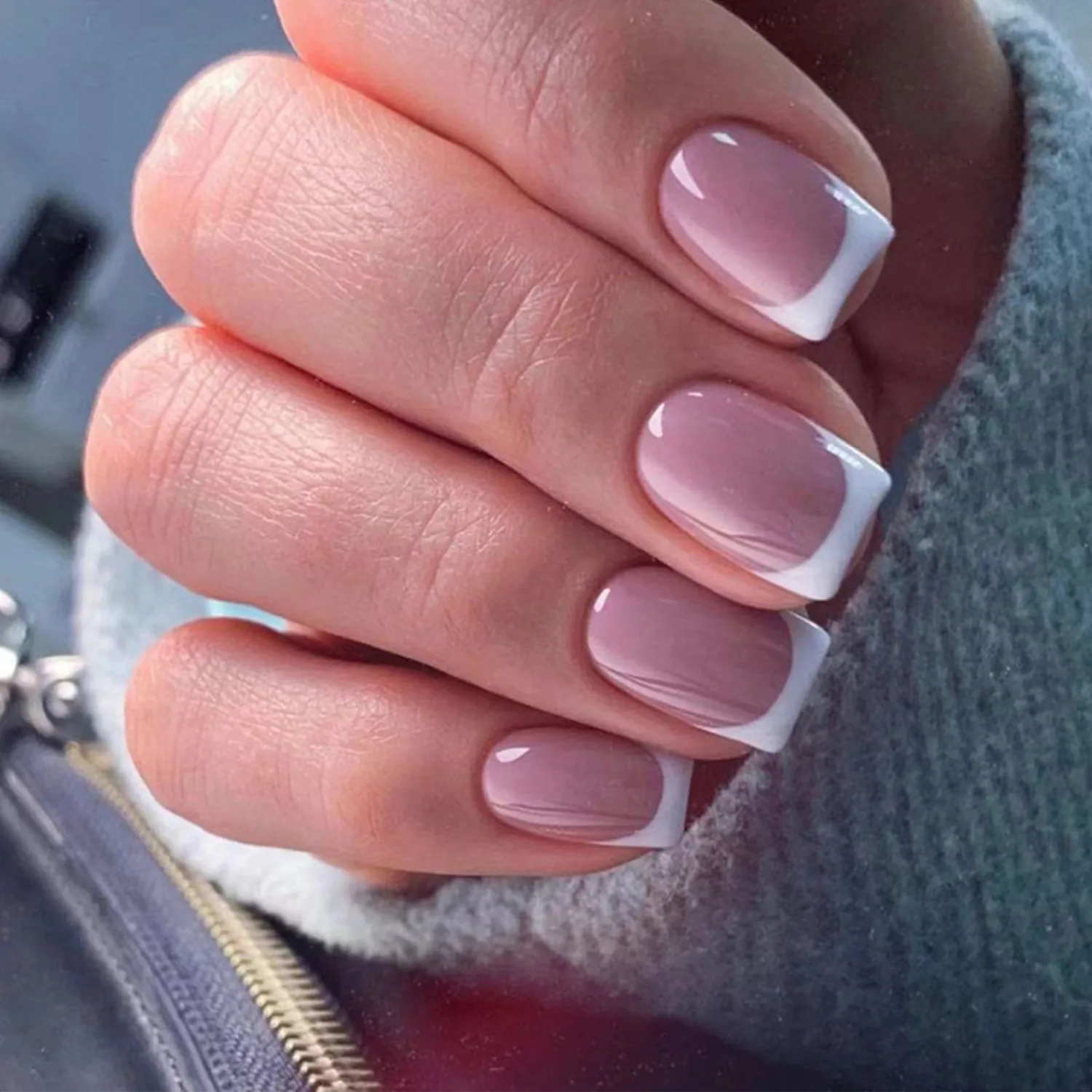 Spring Press on Nails Short Fake Nails White French Tip Nails Press ons Square Glue on Nails Glossy False Nails Nude Acrylic Nails Daily Wear Simple Stick on Nails for Women 24Pcs