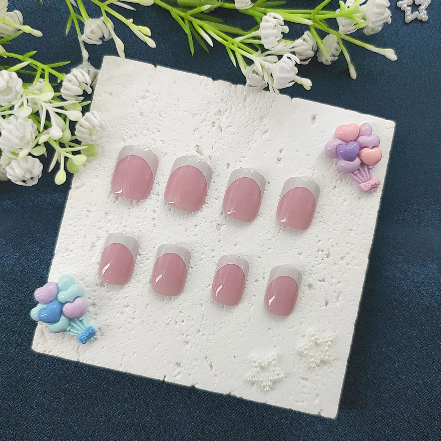 Spring Press on Nails Short Fake Nails White French Tip Nails Press ons Square Glue on Nails Glossy False Nails Nude Acrylic Nails Daily Wear Simple Stick on Nails for Women 24Pcs
