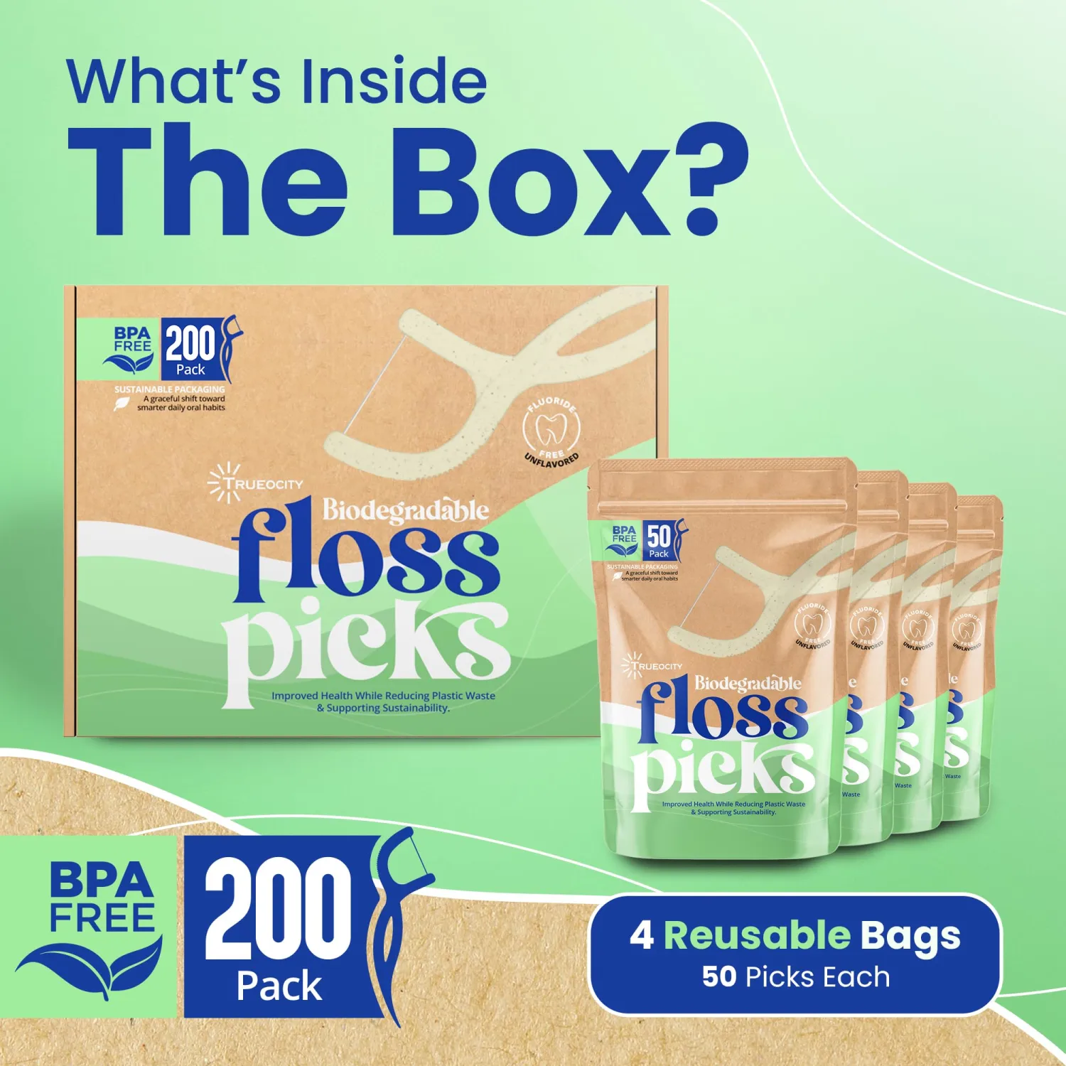 Biodegradable Floss Picks, Natural & Organic Floss Picks, Eco-Friendly Tooth Flossers, Perfect for Adults, Sustainable Oral Care, Fresh Breath, Eco-Conscious Solution (200 Units)
