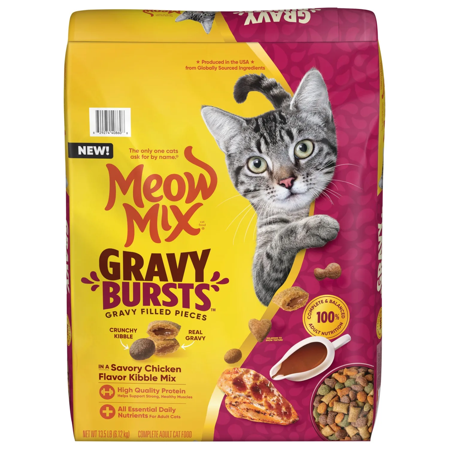 Meow Mix Gravy Bursts Savory Chicken Flavor Mix with Gravy Filled Pieces, Dry Cat Food, 13.5 Pound Bag